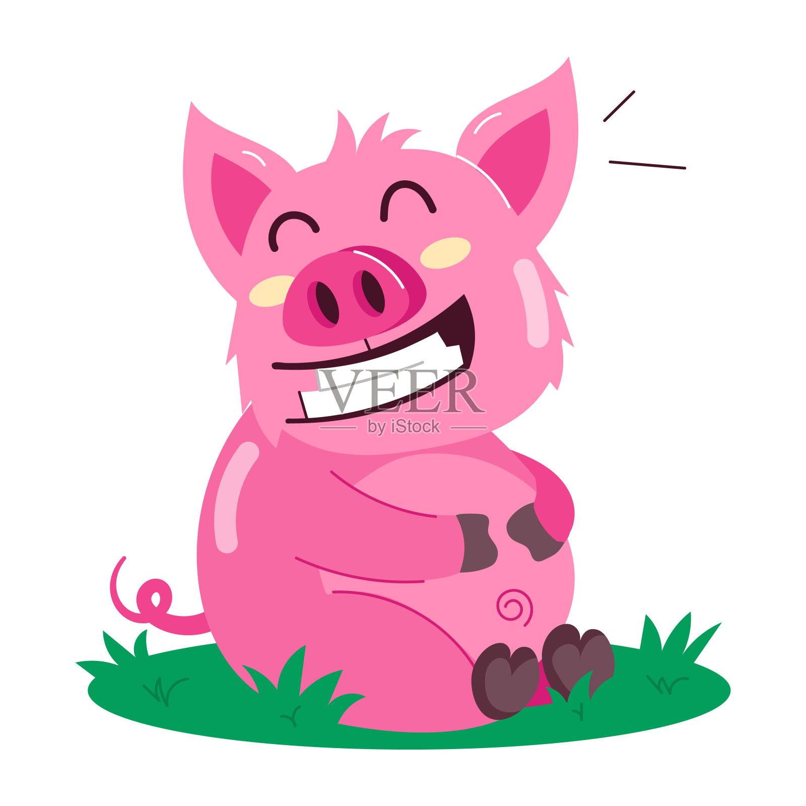 一只笑猪坐在地板上，平面的卡通贴纸插画图片素材