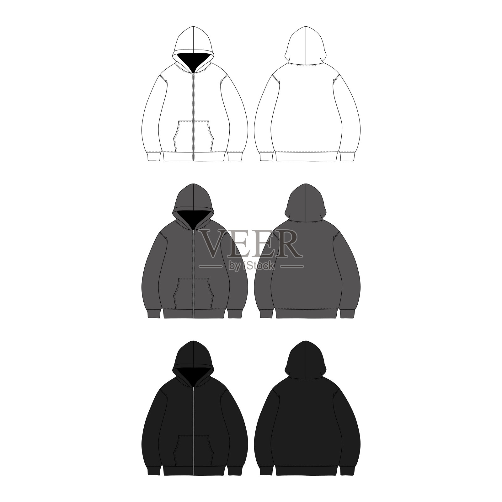 空白拉链卫衣技术图纸矢量时尚插图拉链卫衣平面矢量模型模板拉链卫衣服装模型模板矢量服装拉链卫衣CAD设计插画图片素材
