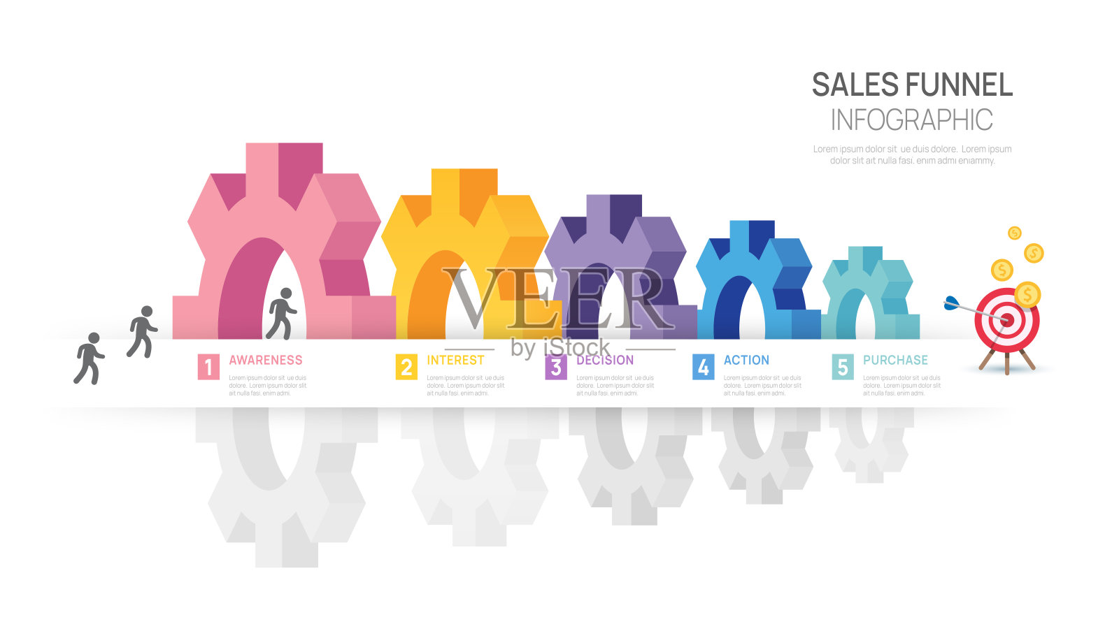 信息图销售漏斗图模板的行业业务。齿轮概念，数字营销数据，演示矢量信息图表。插画图片素材