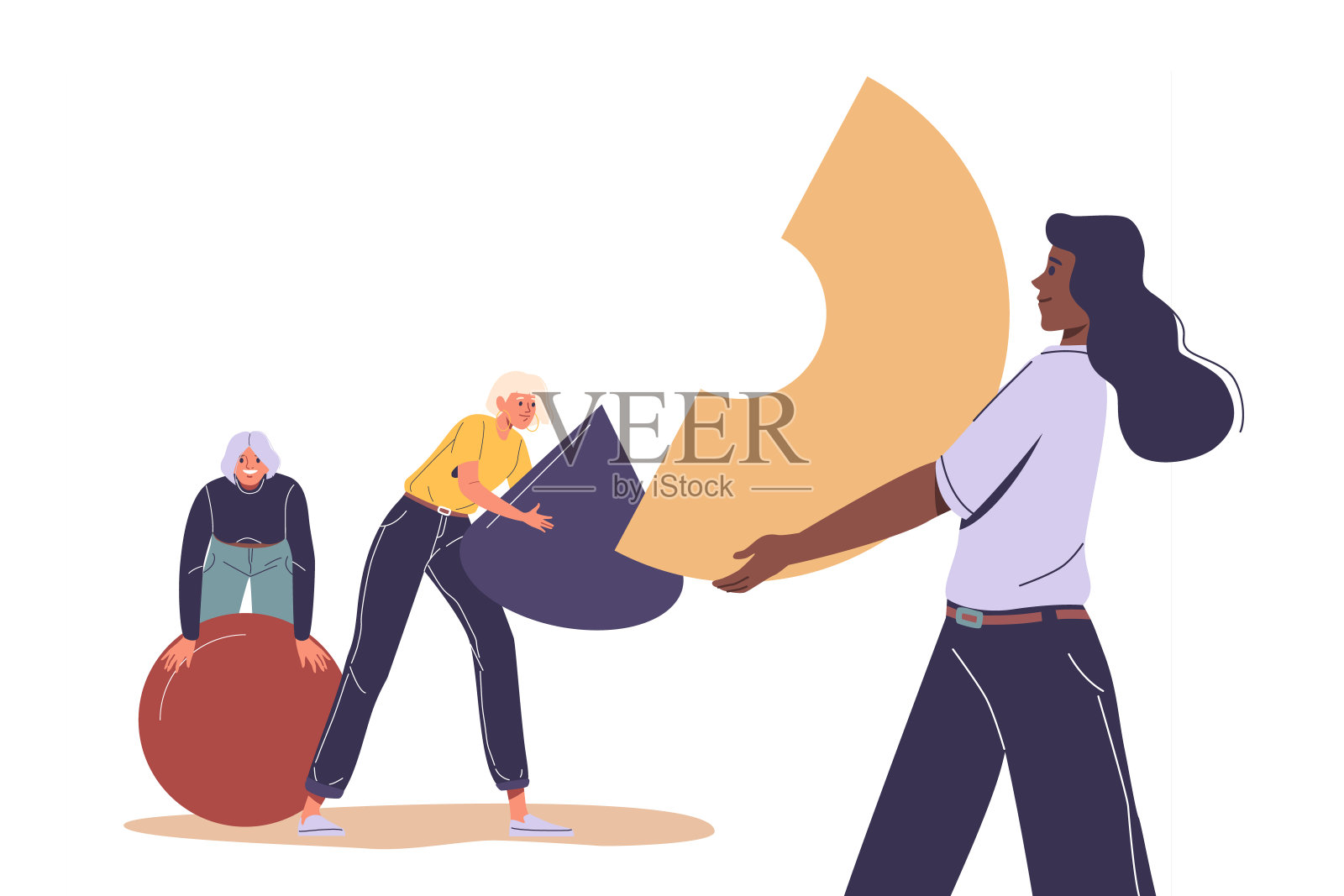 三个同事的角色协同工作在一起与大几何形状。矢量图像描绘团队合作插画图片素材