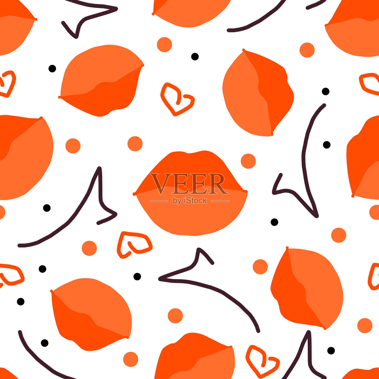 无缝图案与橙色嘴唇，心和点，彩色插图插画图片素材