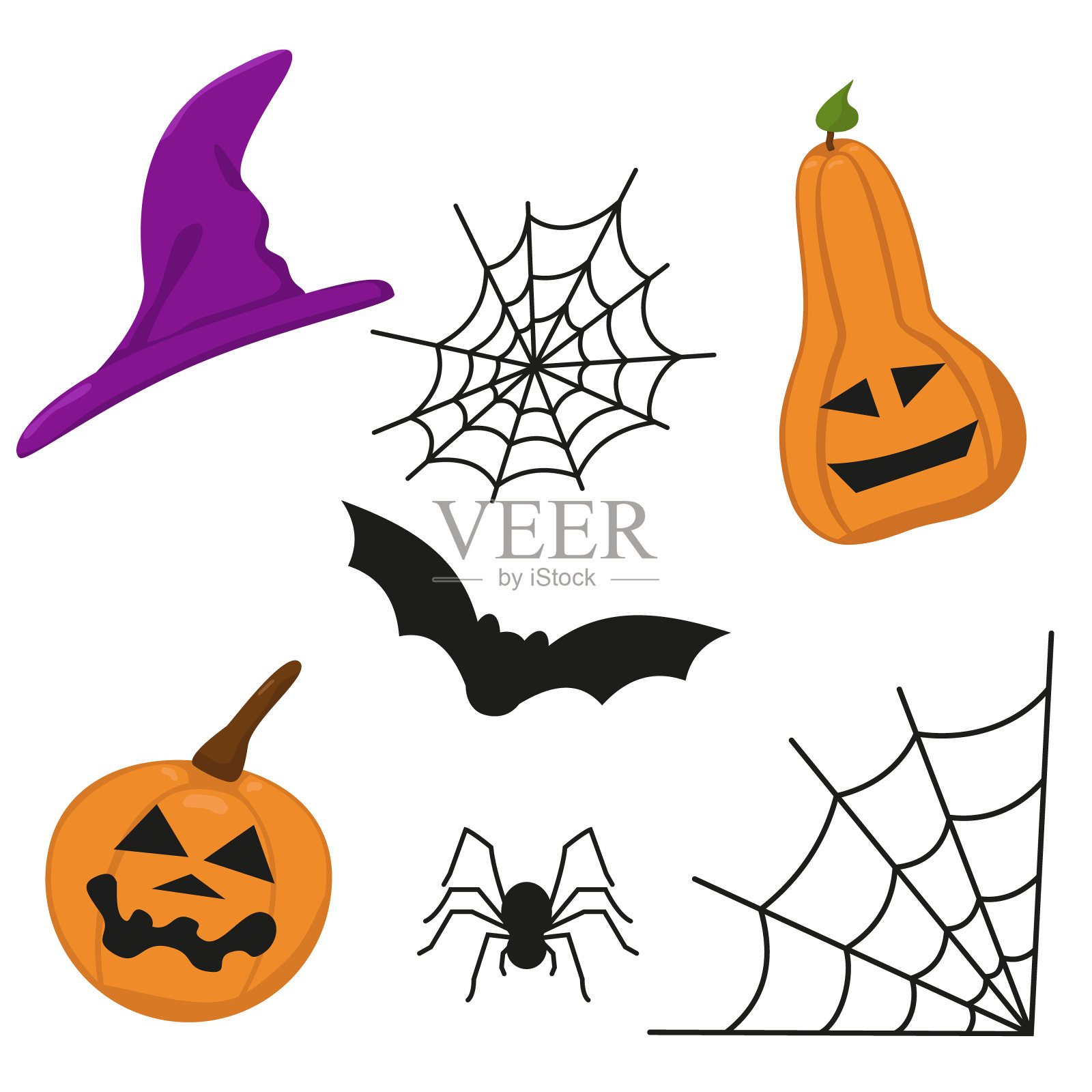 万圣节的设计元素矢量集。一个有脸的南瓜，一顶帽子，一张蜘蛛网，还有一只蝙蝠。白色背景上令人毛骨悚然的手绘。插画图片素材