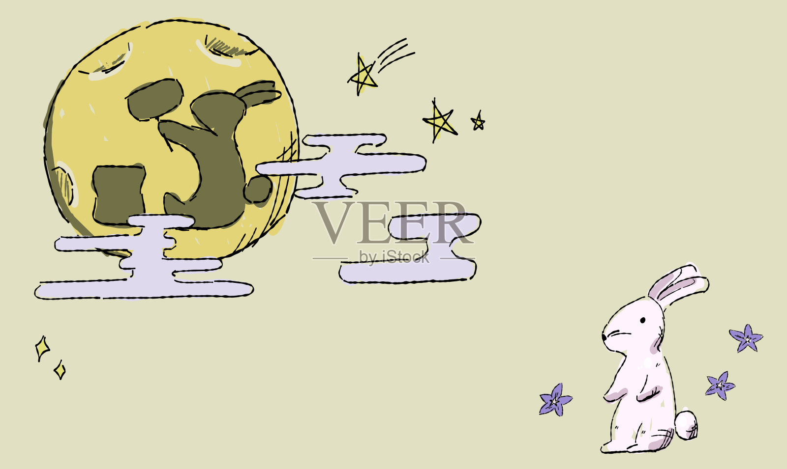 背景插图的星空，与兔子。手绘触笔画风。月亮上兔子的影子。插画图片素材