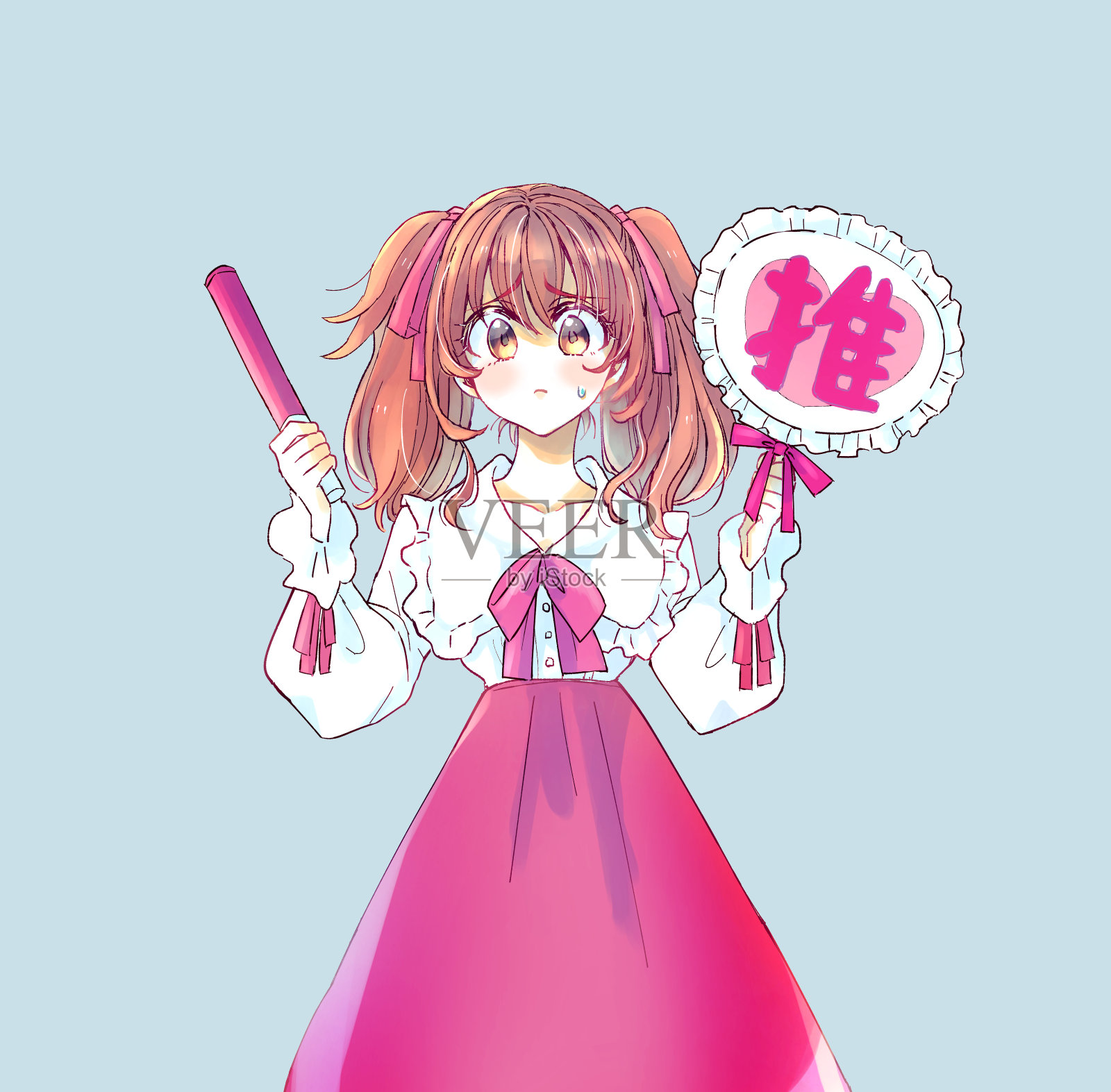 一个拿着扇子和琴为偶像欢呼的女人插画图片素材