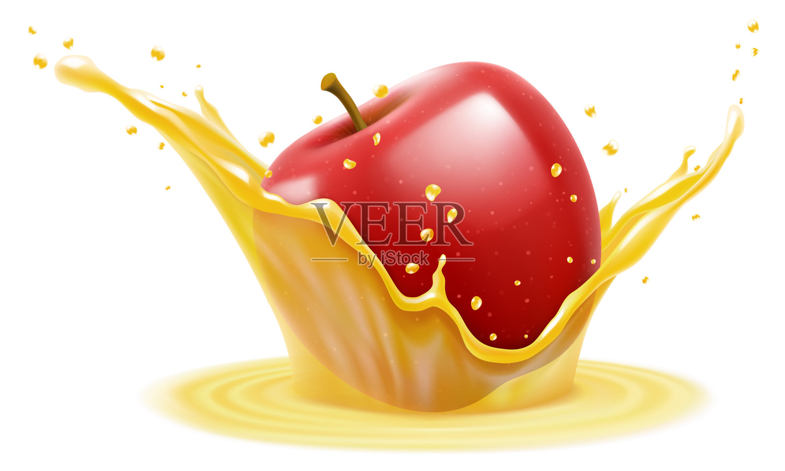 天然新鲜的红苹果在苹果汁，透明飞溅和滴，果汁飞溅与苹果。逼真的三维矢量插图插画图片素材