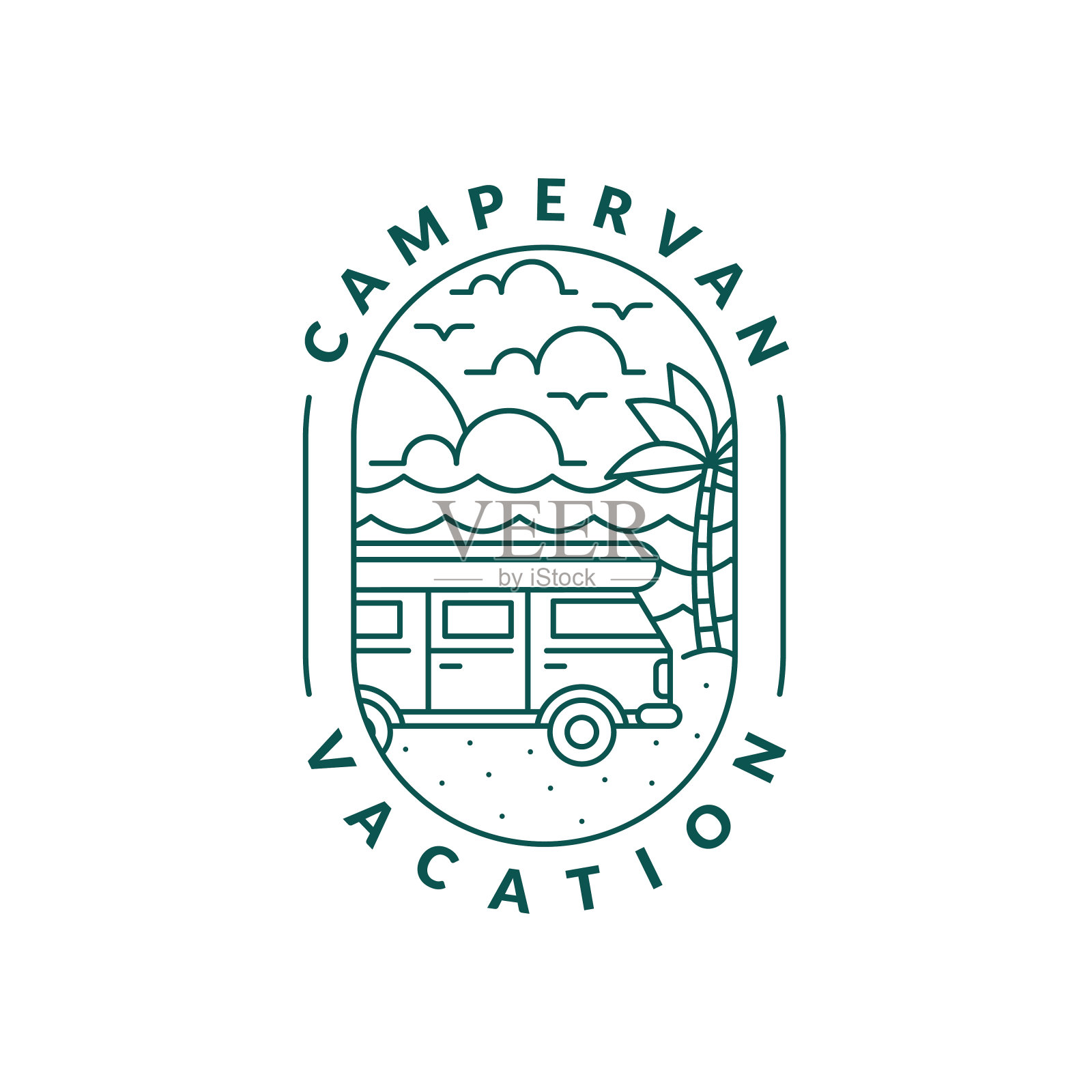 海滩和露营车徽章单线或线条艺术风格矢量插图插画图片素材