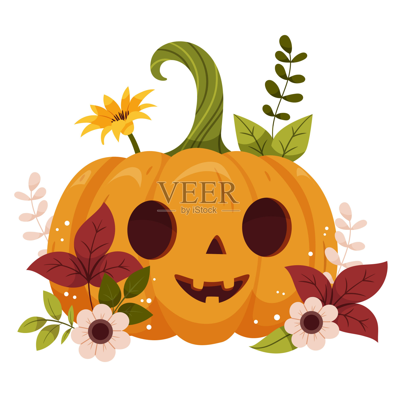 可爱的万圣节南瓜在卡通风格的花。插画图片素材