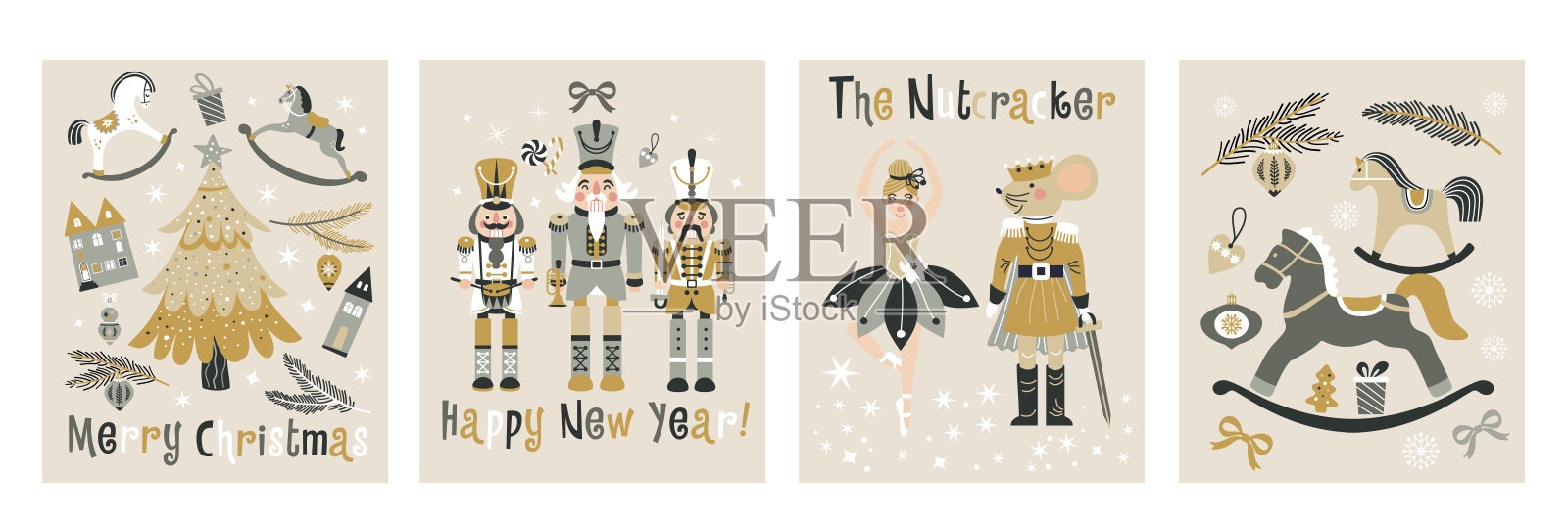 新年快乐，胡桃夹子矢量横幅设置在浅色背景上。明信片。幼稚的摇马。圣诞插图。插画图片素材