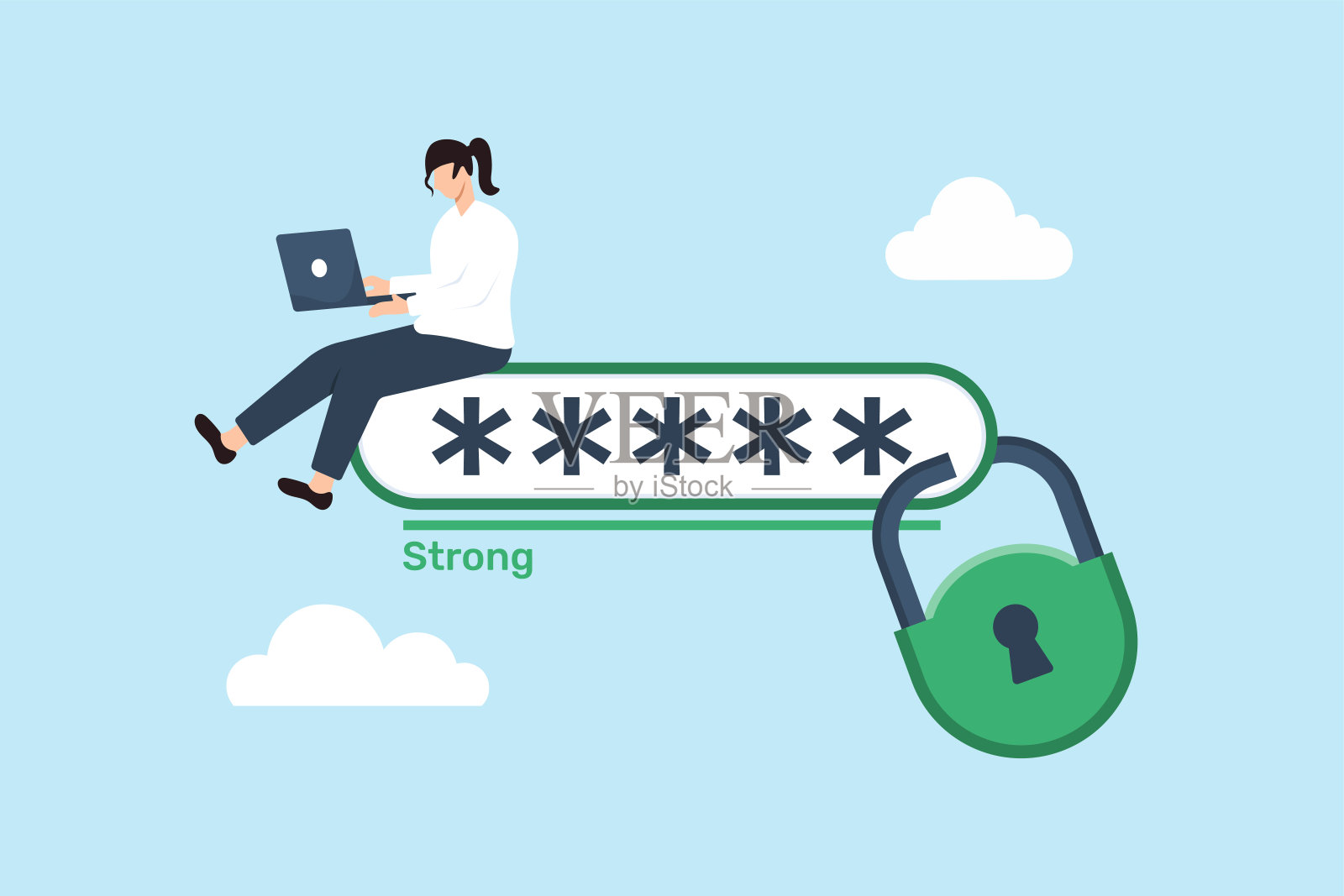 平面插图的女人使用强大的密码安全锁定挂锁插画图片素材