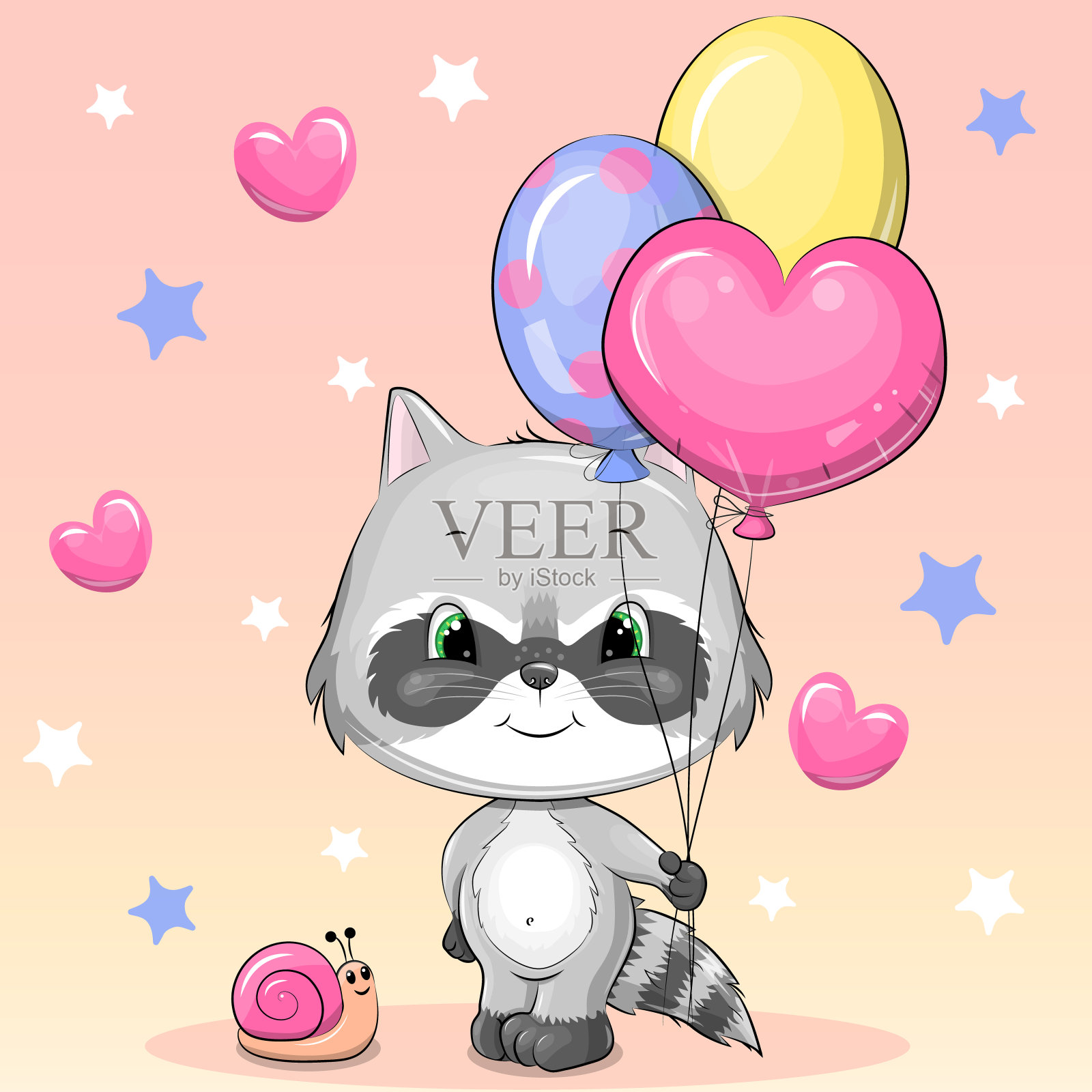 可爱的卡通浣熊，气球和蜗牛。插画图片素材