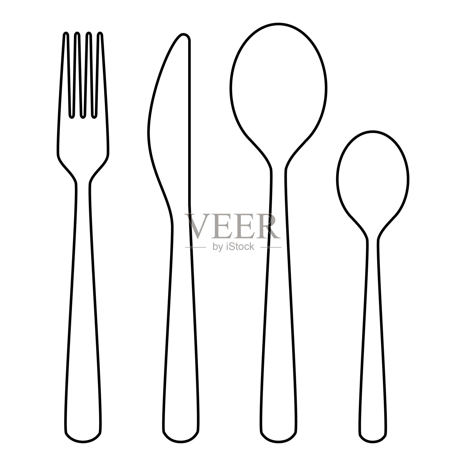 餐具-叉，刀，勺子，茶匙轮廓轮廓形状，一套黑白矢量插图插画图片素材