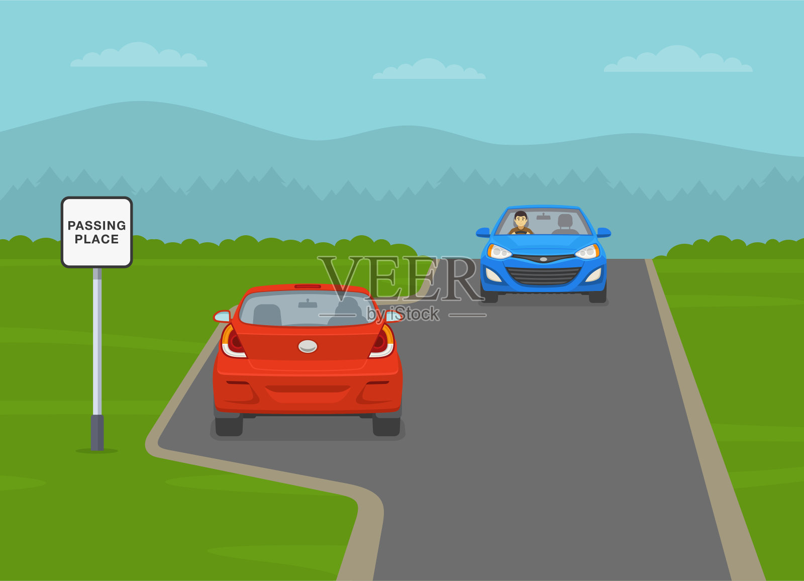 安全驾驶技巧及交通规则。在狭窄的道路上路过的地方。一辆红色轿车在专门的地方给迎面而来的汽车让路。后视图。矢量插图模板。插画图片素材
