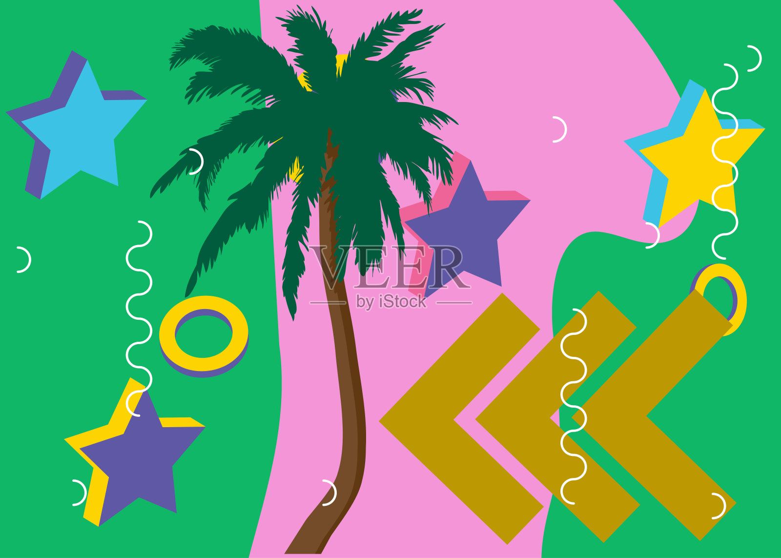 棕榈树几何图形复古主题背景。最小几何元素。复古抽象形状矢量插图。插画图片素材