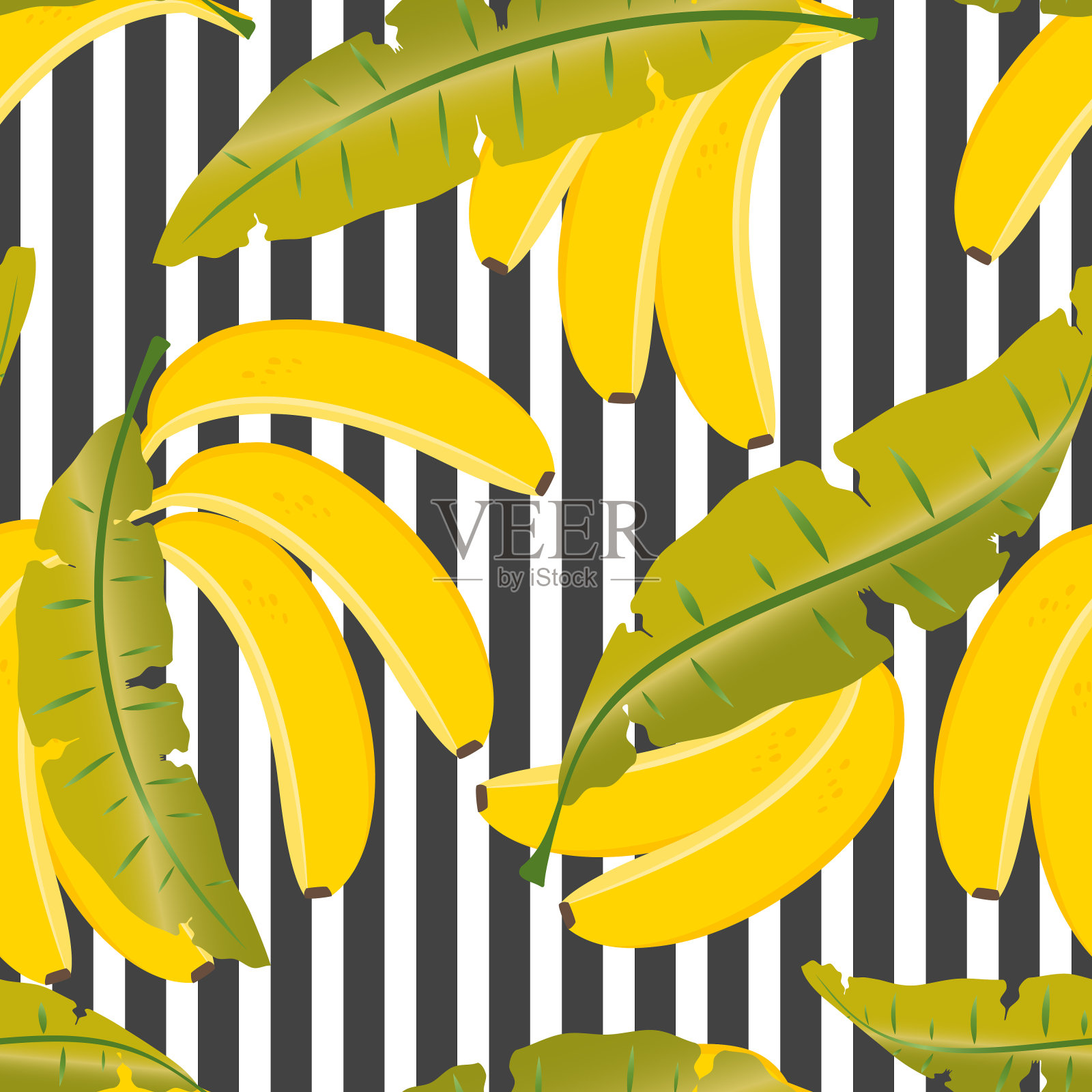 在黑白条纹的背景上，带叶子的香蕉形成了一个无缝的热带图案，用于现代纺织品和包装纸。向量。插画图片素材