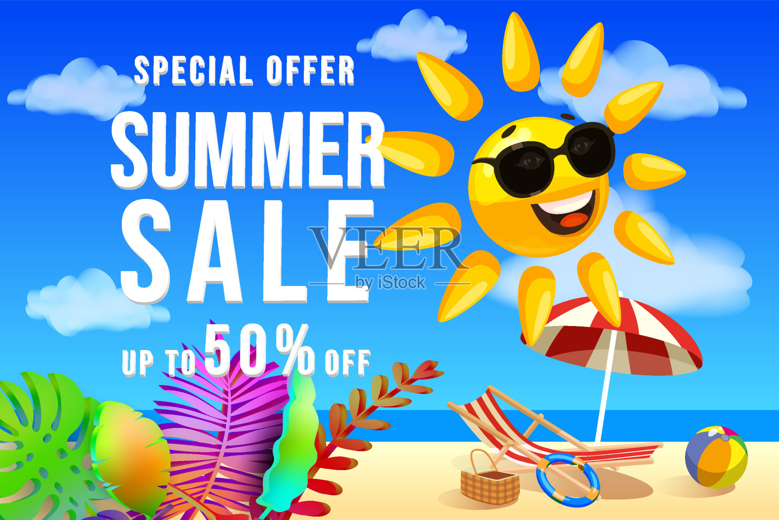 夏日促销横幅上的太阳卡通人物在沙滩上，戴着墨镜插画图片素材
