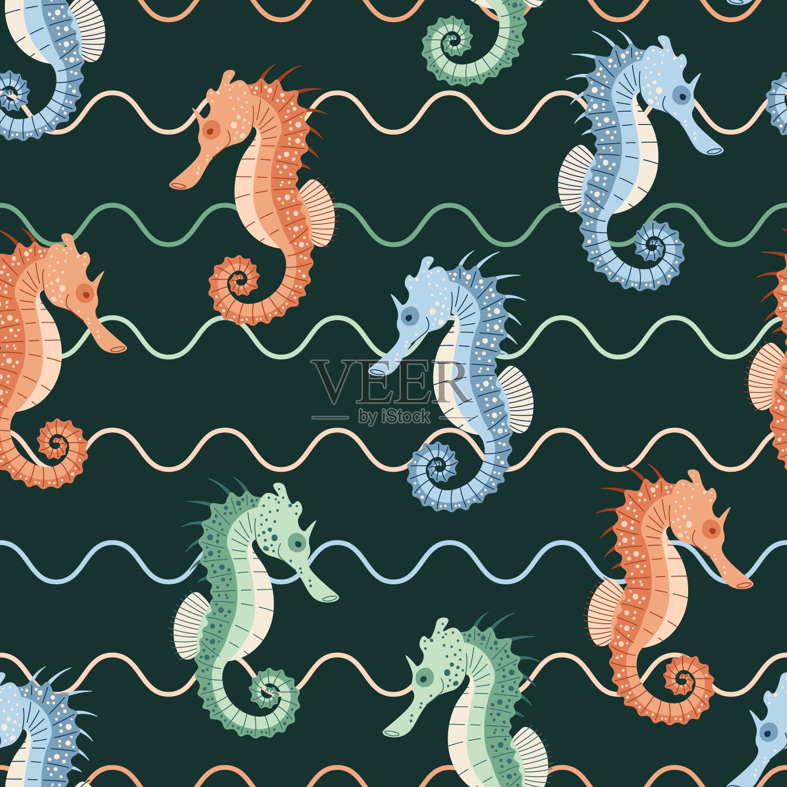 无缝图案与卡通涂鸦海马。背景与海洋动物在平面风格。适用于装饰、设计、贴纸插画图片素材