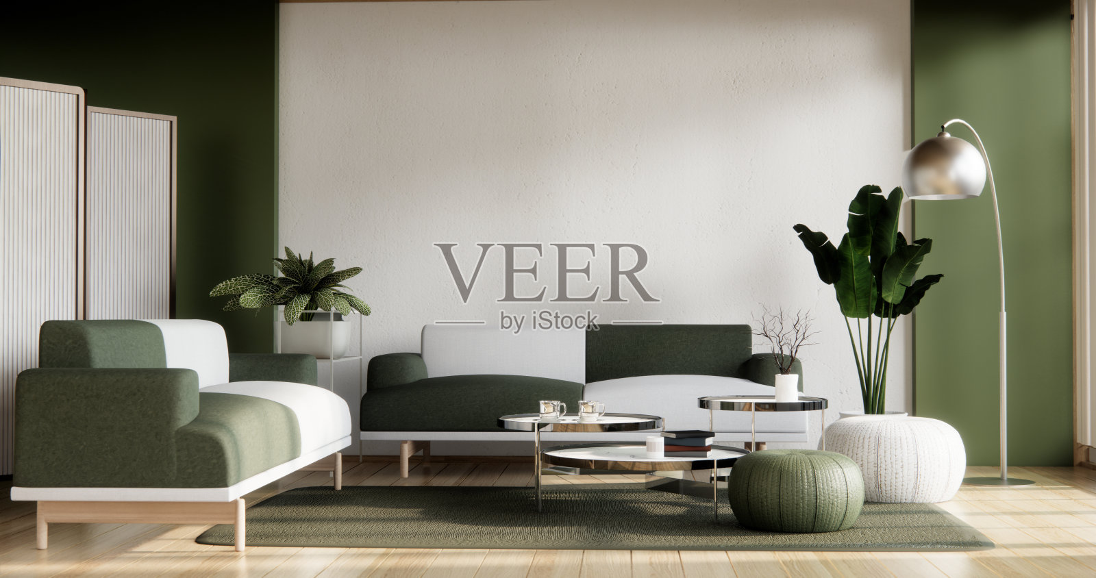 极简的绿色客厅室内设计有沙发和现代装饰。照片摄影图片