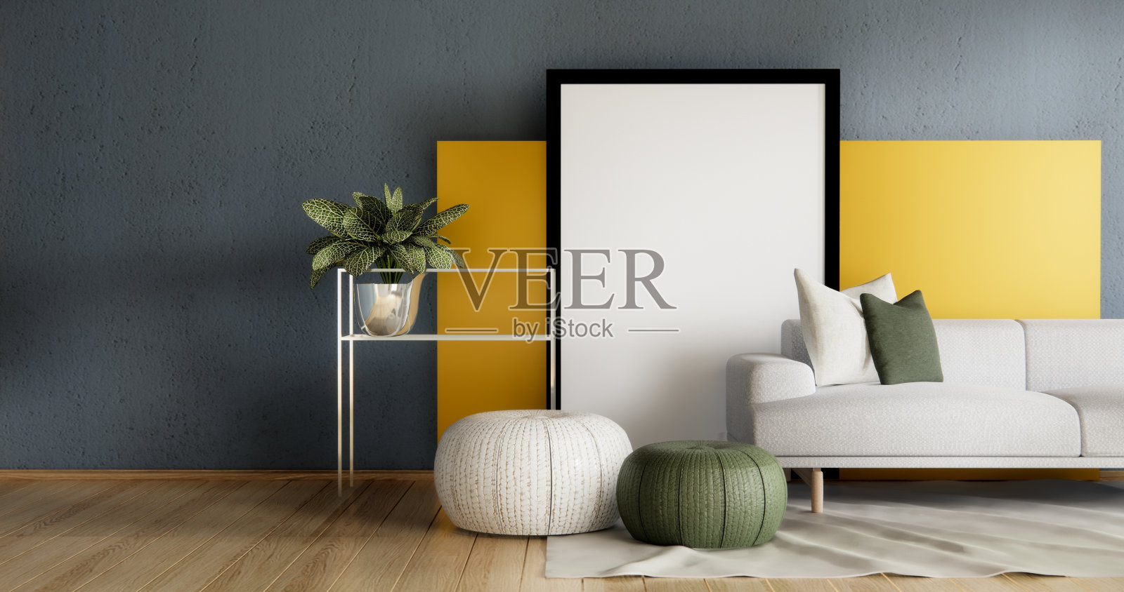 灰蓝墙客厅室内设计有沙发现代和装饰。照片摄影图片