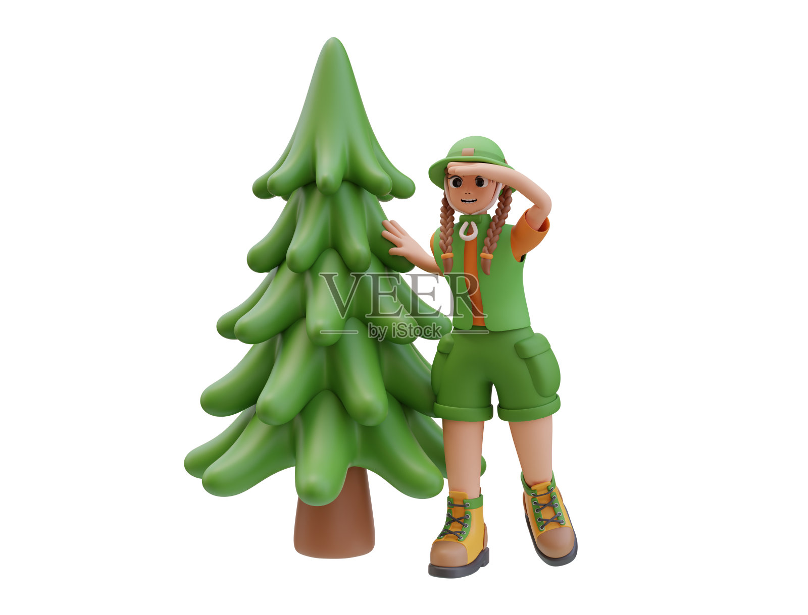 露营女孩的3d插图用她的手和松树后面看遮阳板。冒险理念，户外活动，亲近自然。角色设计。3d渲染图照片摄影图片