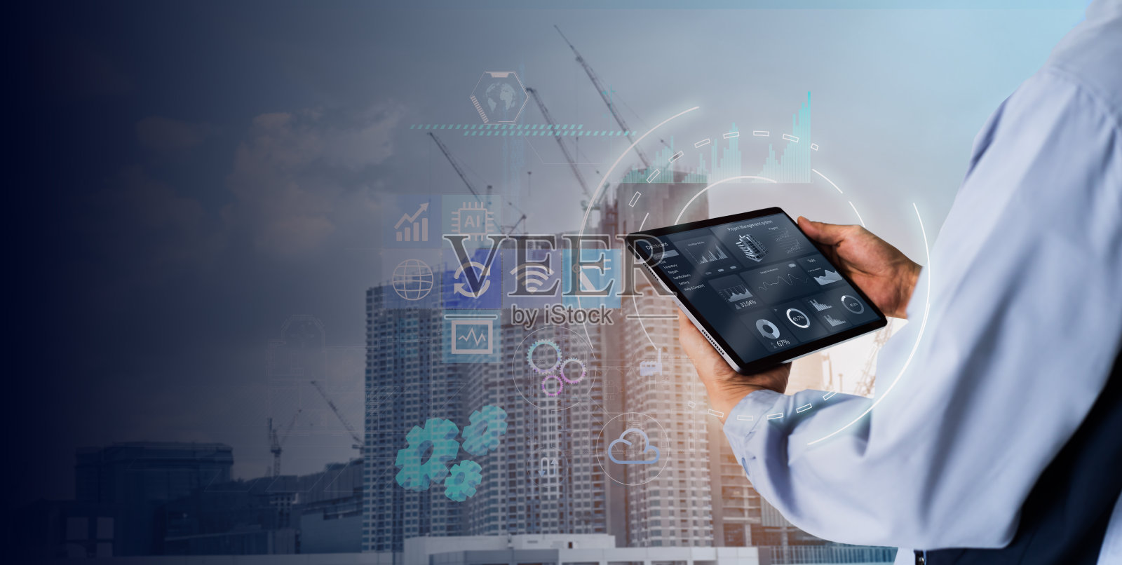 智能建筑项目管理系统概念。照片摄影图片