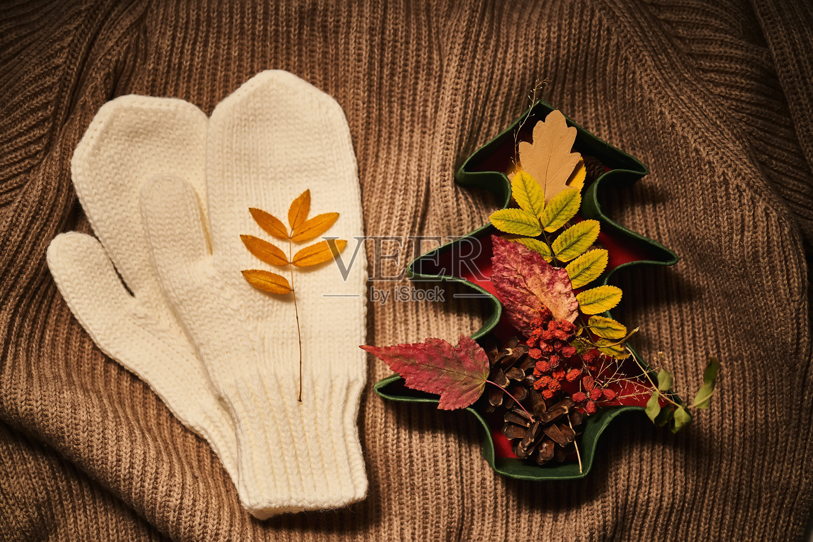 舒适的秋叶组成温暖的连指手套上的毛衣。照片摄影图片