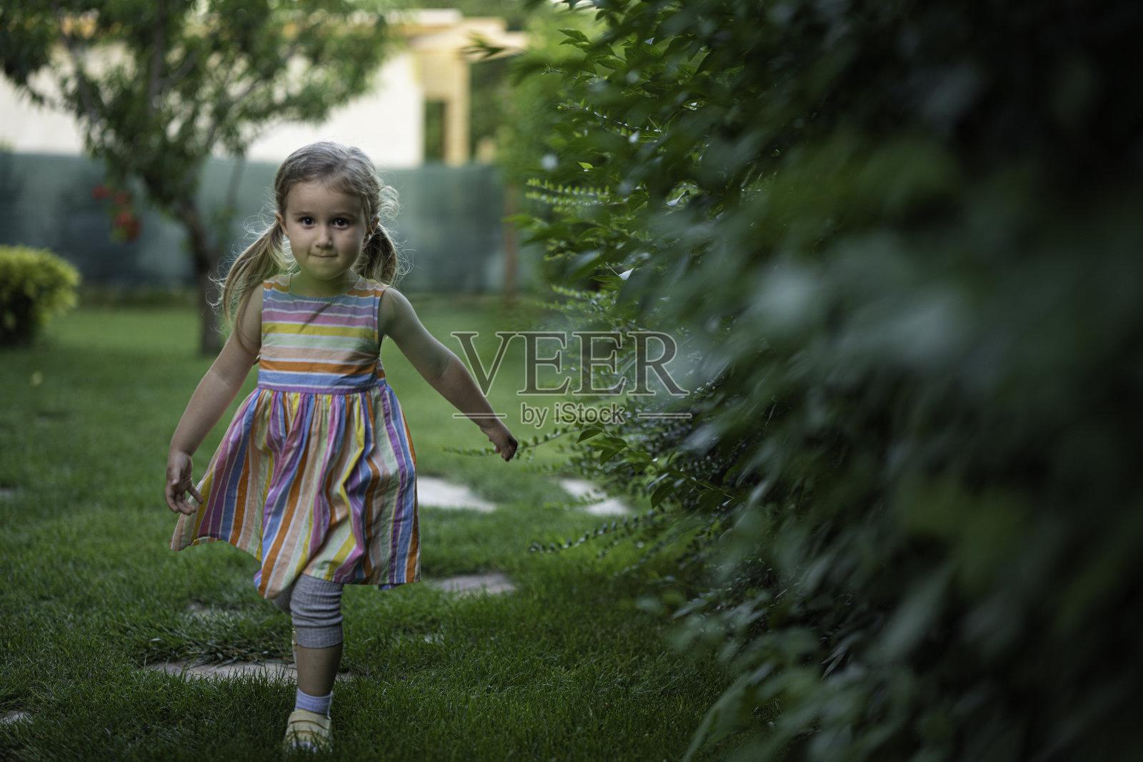 孩子们的户外乐趣。可爱的女孩在后院奔跑。照片摄影图片