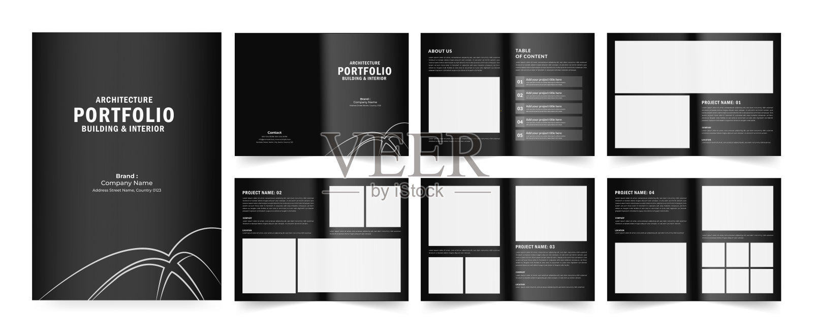 建筑作品集或室内作品集模板设计，宣传册设计，作品集布局。插画图片素材