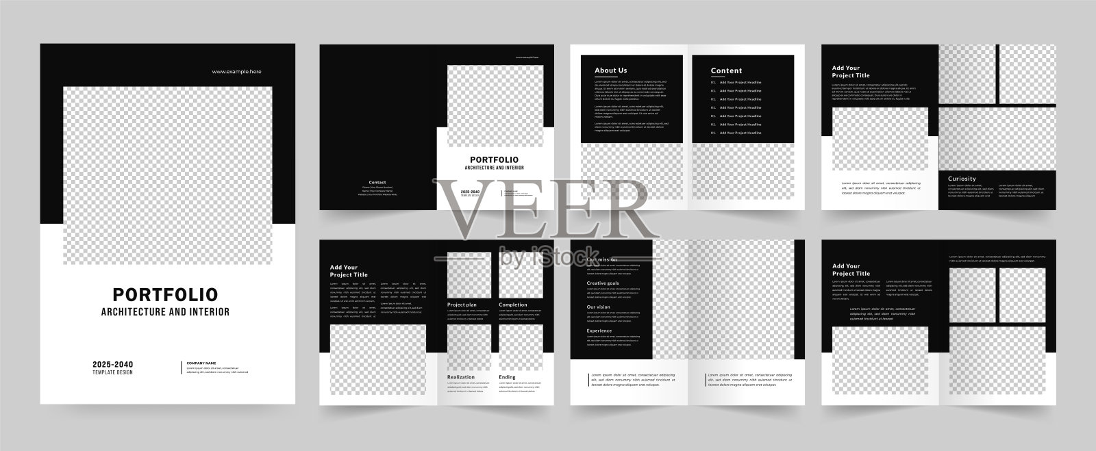 建筑作品集或室内作品集模板设计，宣传册设计，作品集布局。插画图片素材