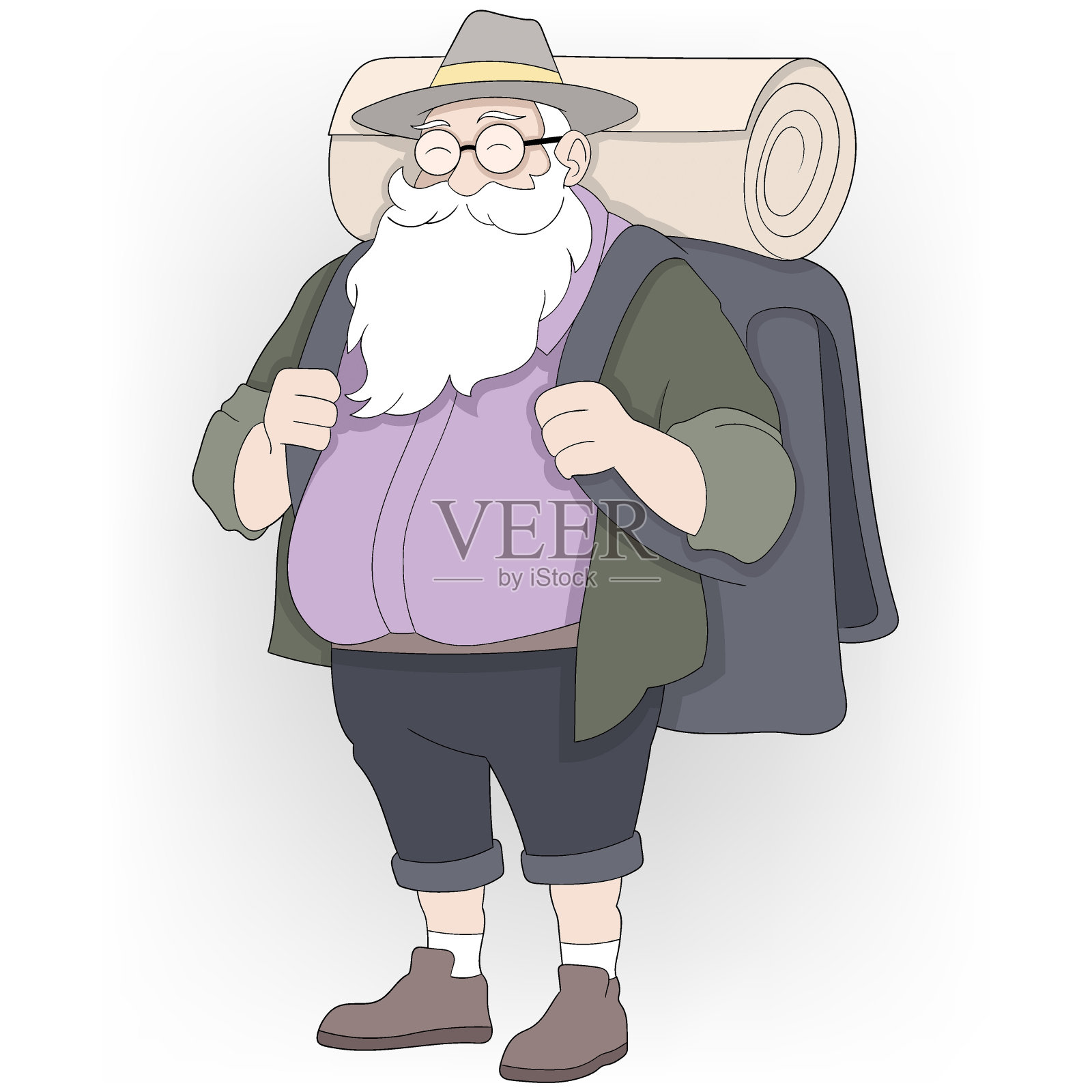 高级探险家与大背包和卷毛毯准备冒险插画图片素材