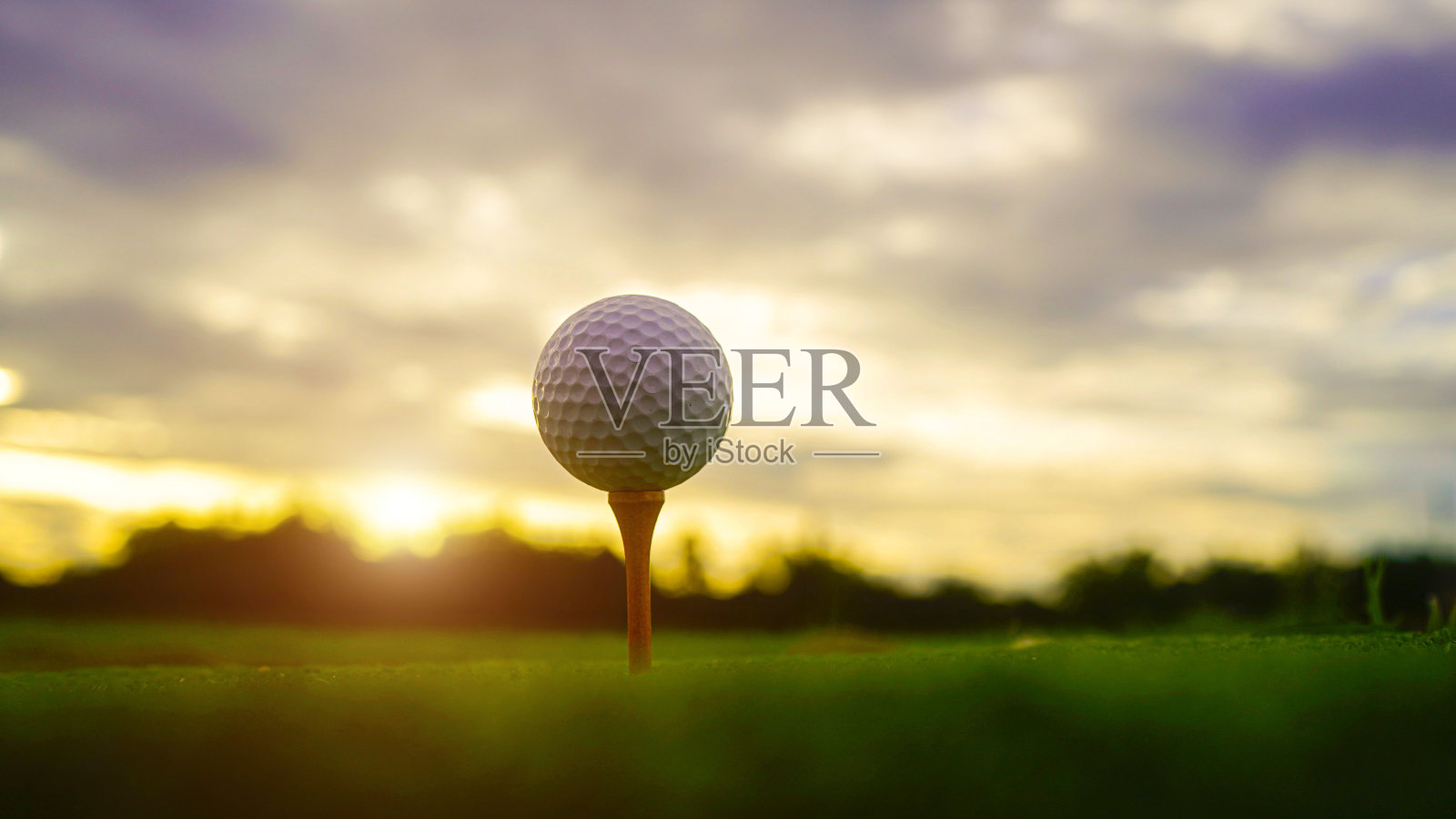 高尔夫球在美丽的高尔夫球场tee与日落。高尔夫球场上的高尔夫球特写。照片摄影图片