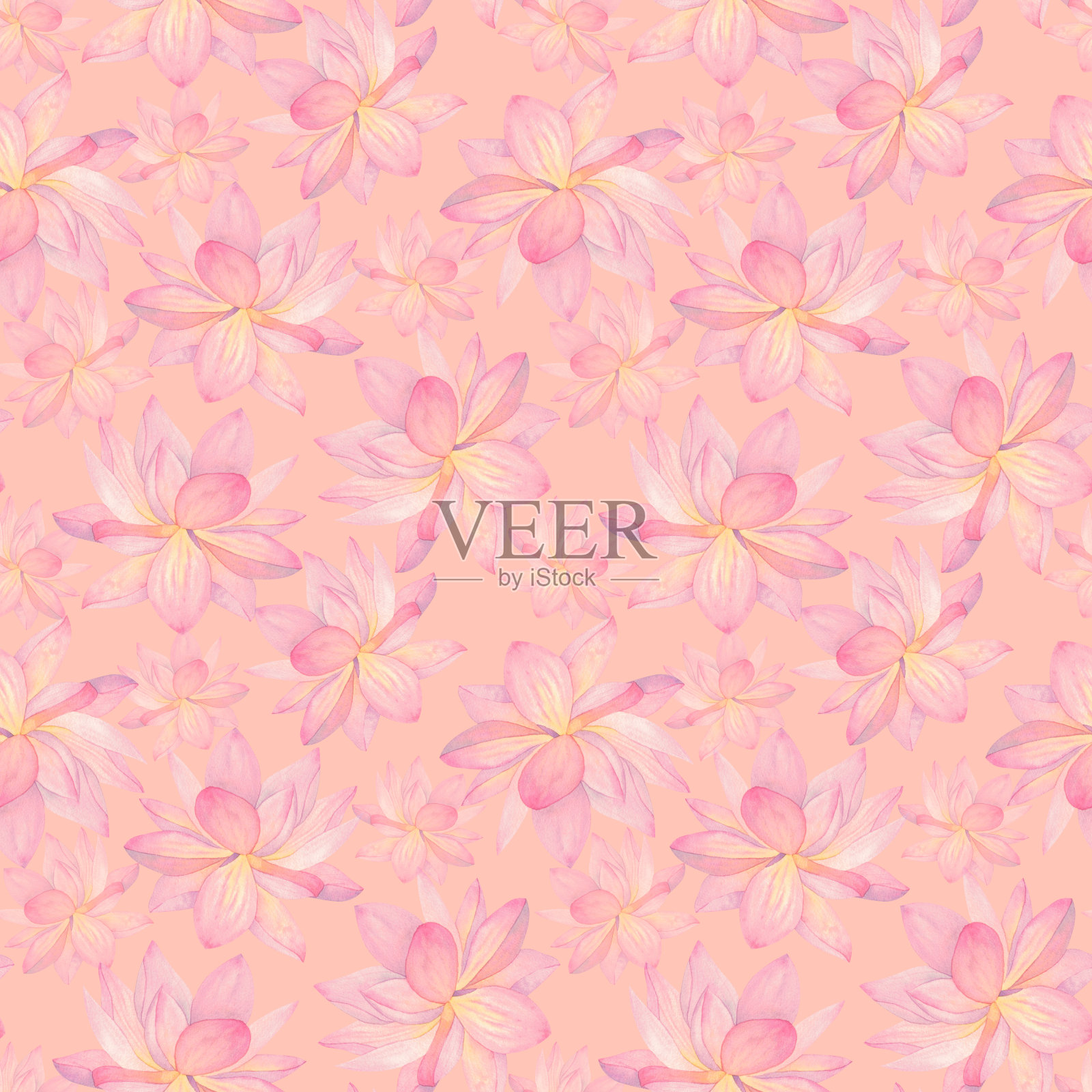 莲花是粉红色的。桃色背景上的无缝图案。手绘水彩插图。用于设计、织物、纺织品、墙纸、印刷品、包装纸等插画图片素材