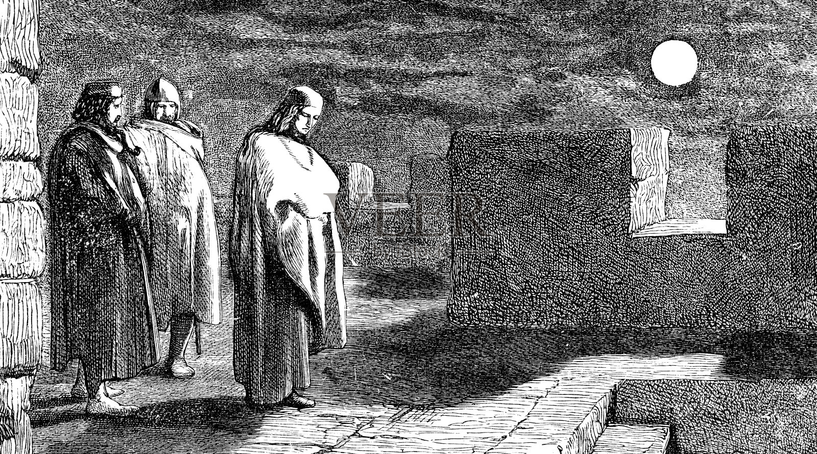 《哈姆雷特》中哈姆雷特王子、荷瑞修和马塞勒斯在埃尔西诺城堡的城墙上等鬼插画图片素材