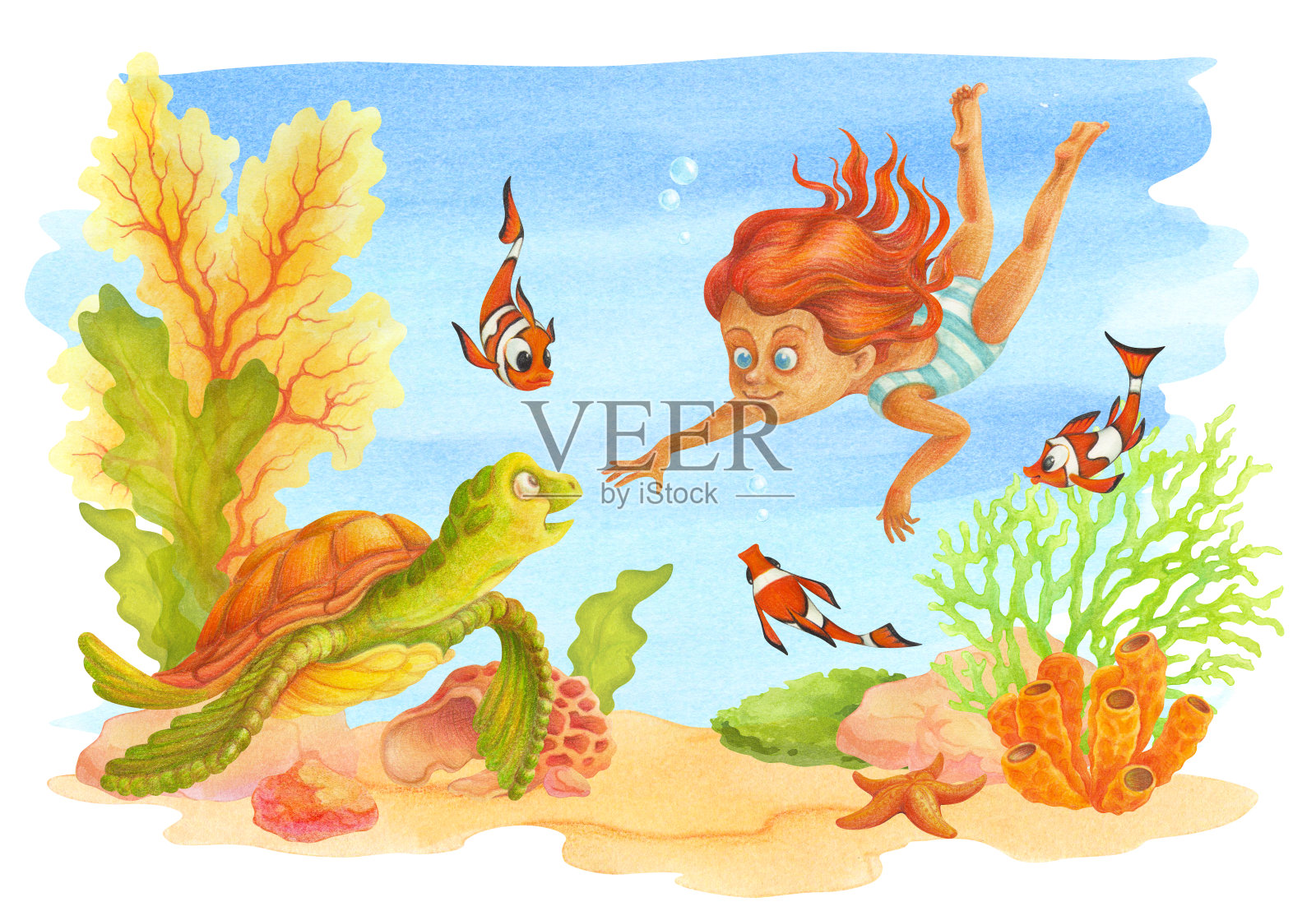 在珊瑚礁水域潜水的卡通小女孩遇到了海龟。手绘水彩插图的水下世界与珊瑚，藻类，小丑鱼海报，卡片，儿童潜水俱乐部横幅插画图片素材
