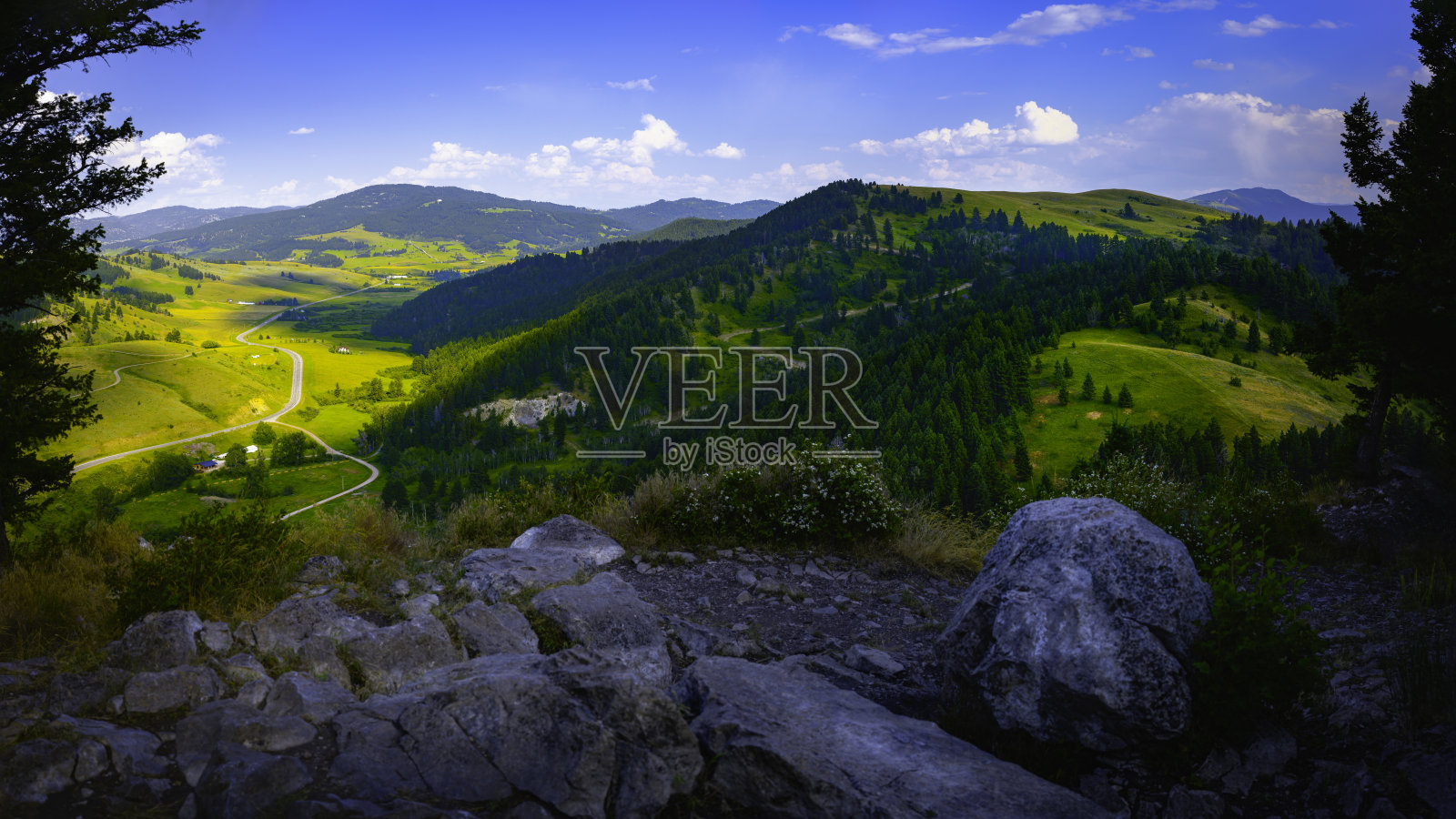 波兹曼徒步小径夏季景观从饮用马山径山顶在蒙大拿州:美丽的绿色山北落基山脉，美国照片摄影图片