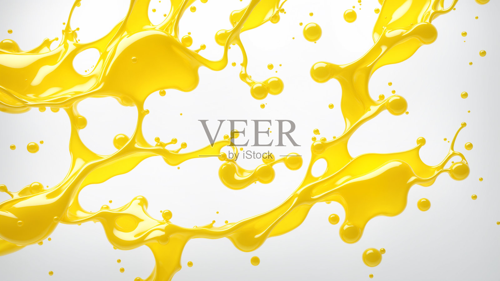 特写黄色果汁液体溅在白色背景上，创造出动态的、抽象的图案。三维渲染照片摄影图片