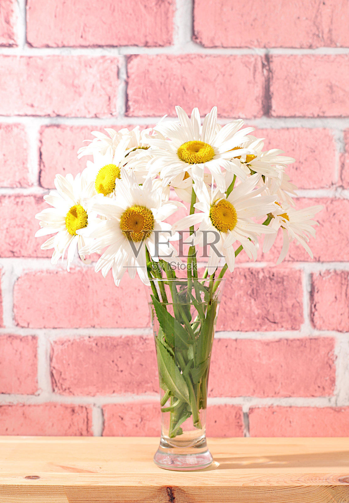 美丽的雏菊花在一个花瓶在阳光明媚的背景，夏季横幅为产品广告，抽象插花，质朴的风格，节日贺卡，选择性聚焦…照片摄影图片