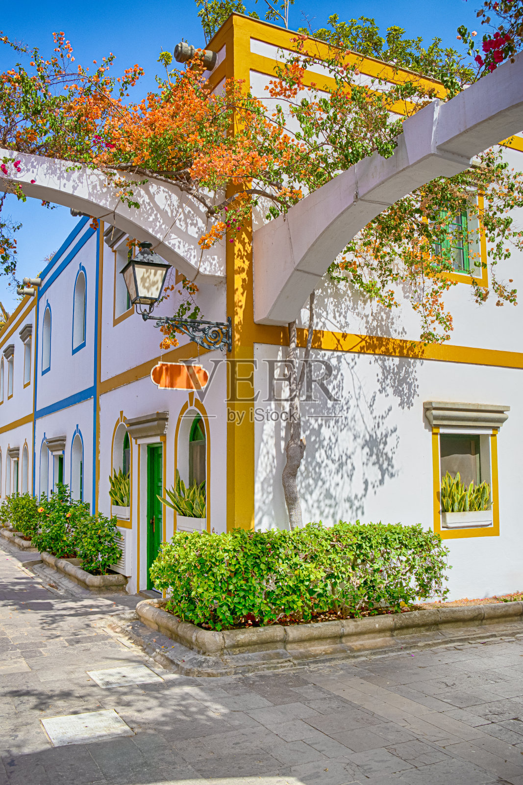 西班牙大加那利岛的莫干港风景优美的传统步行街，是岛上最受游客和度假的地方，有很多九重葛花照片摄影图片