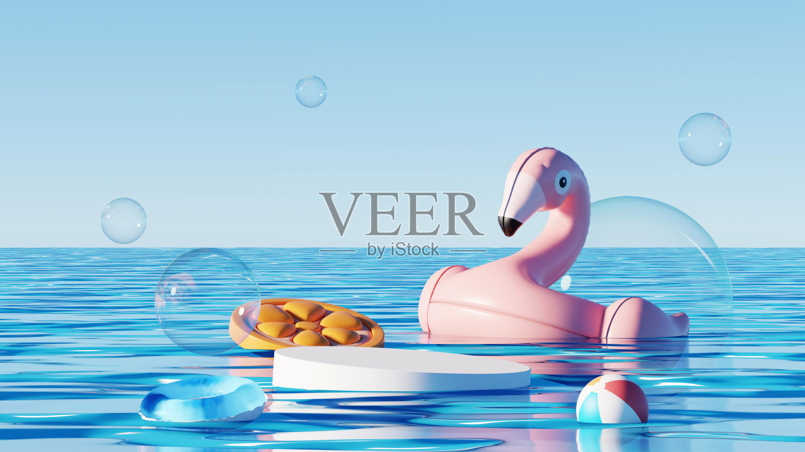 3D渲染，平台显示夏天的海洋与粉红色的火烈鸟，沙滩球和泡沫在蓝色的天空背景。照片摄影图片