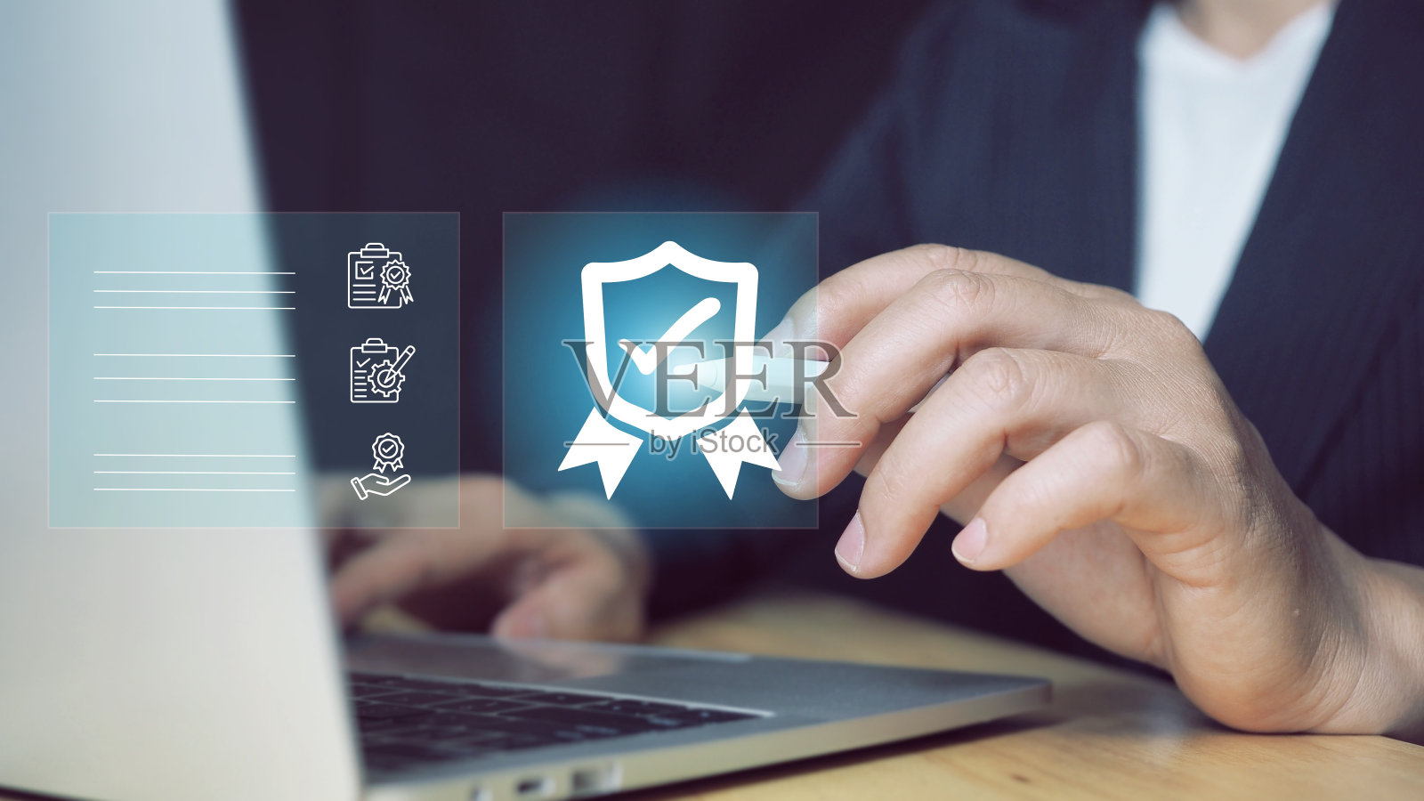 产品质量合格证是合格的，对勾标志符号代表质量控制标准。Iso认证企业，以国际标准和质量保证理念。照片摄影图片