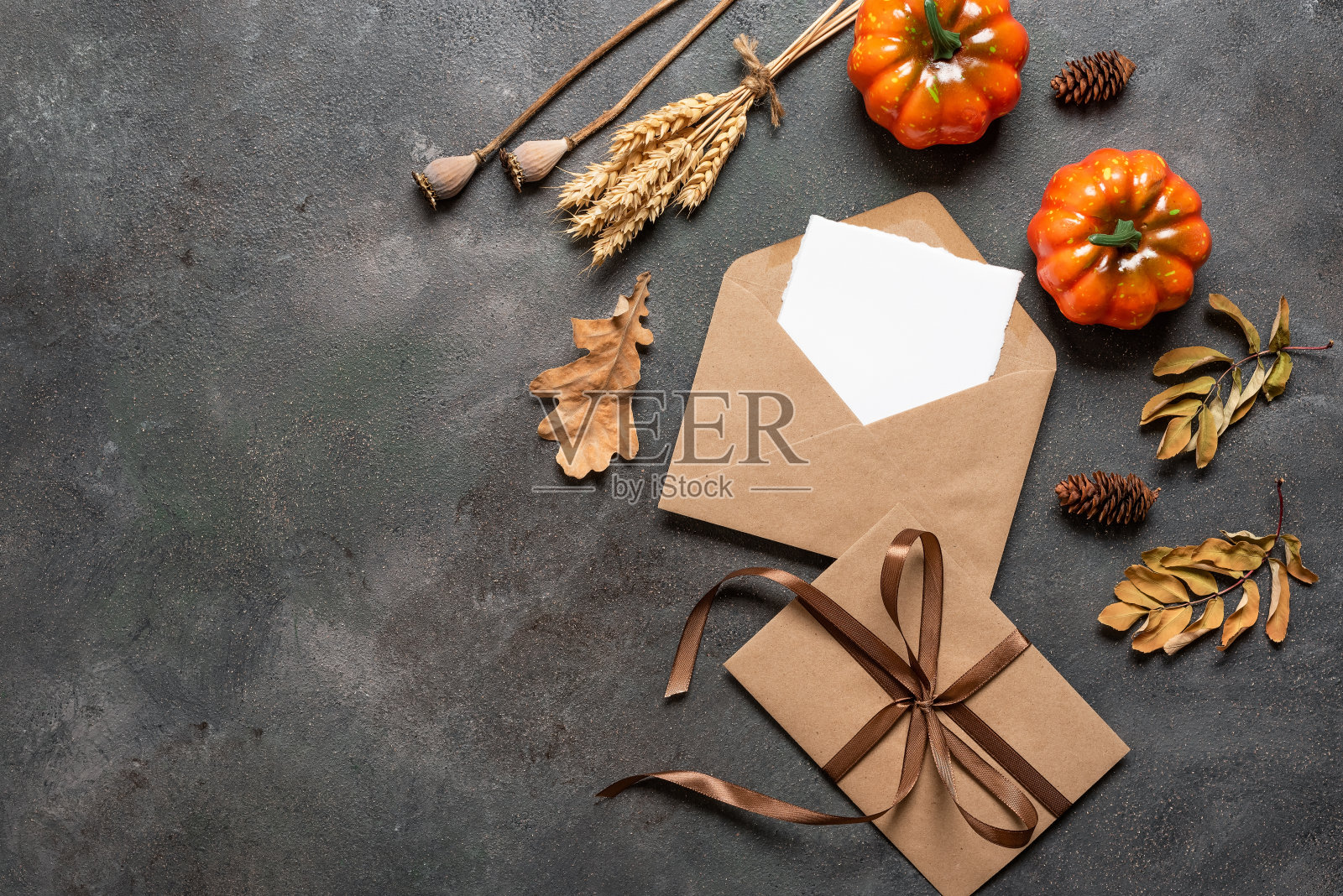 秋季构图与空白卡片模型在棕色信封在黑暗的垃圾背景，俯视图，平铺，复制空间。照片摄影图片