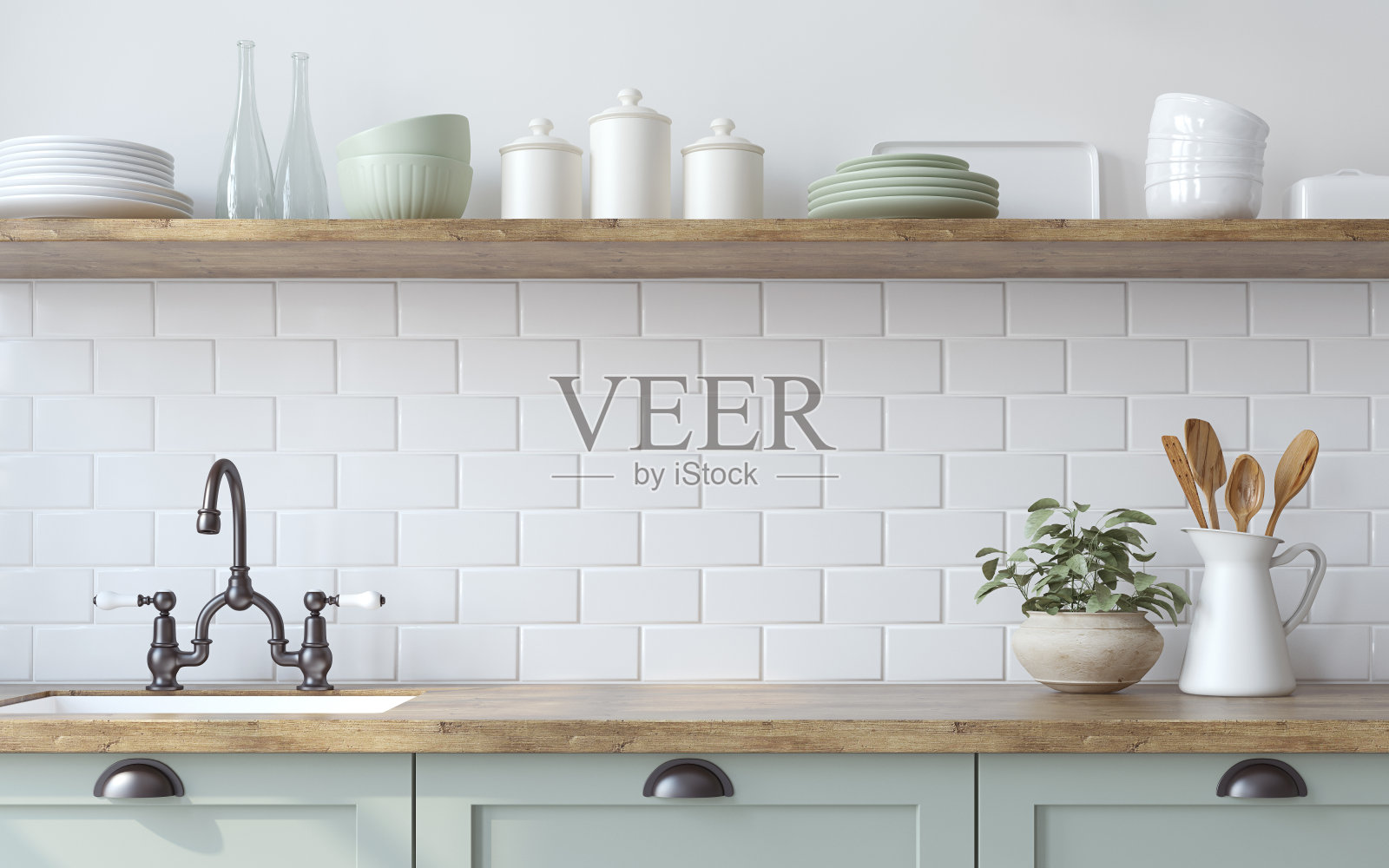 农家厨房。室内模型。3 d渲染。照片摄影图片