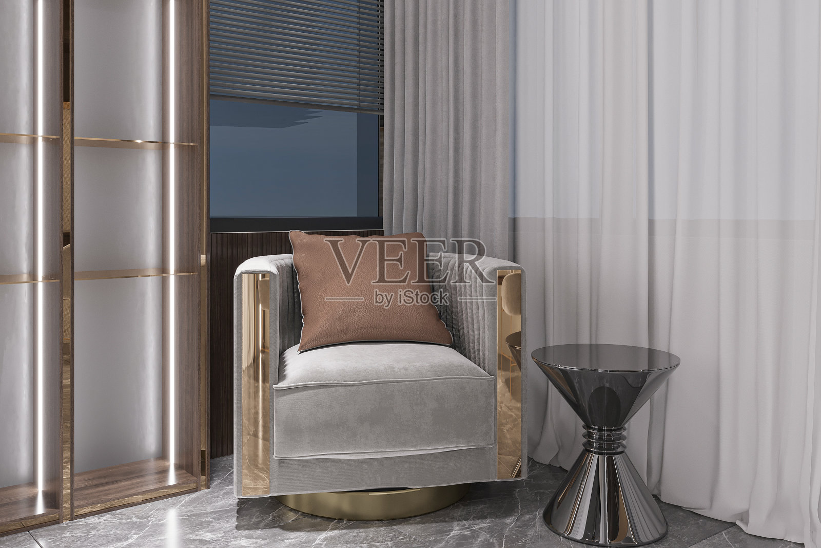 卧室角落的内部以窗户旁边的椅子和咖啡桌为特色。照片摄影图片