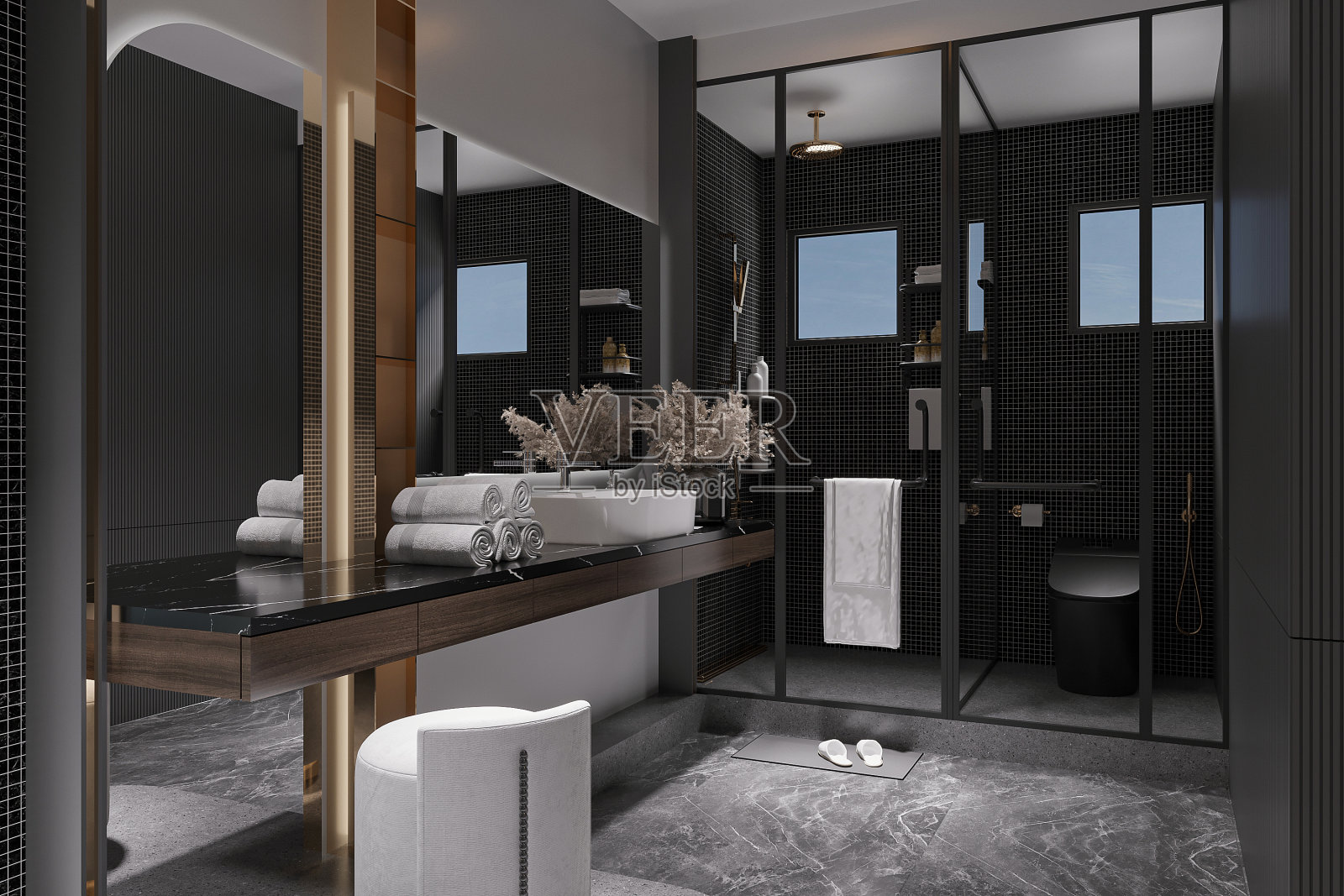 现代卫生间的时尚内饰，适合现代生活方式。照片摄影图片