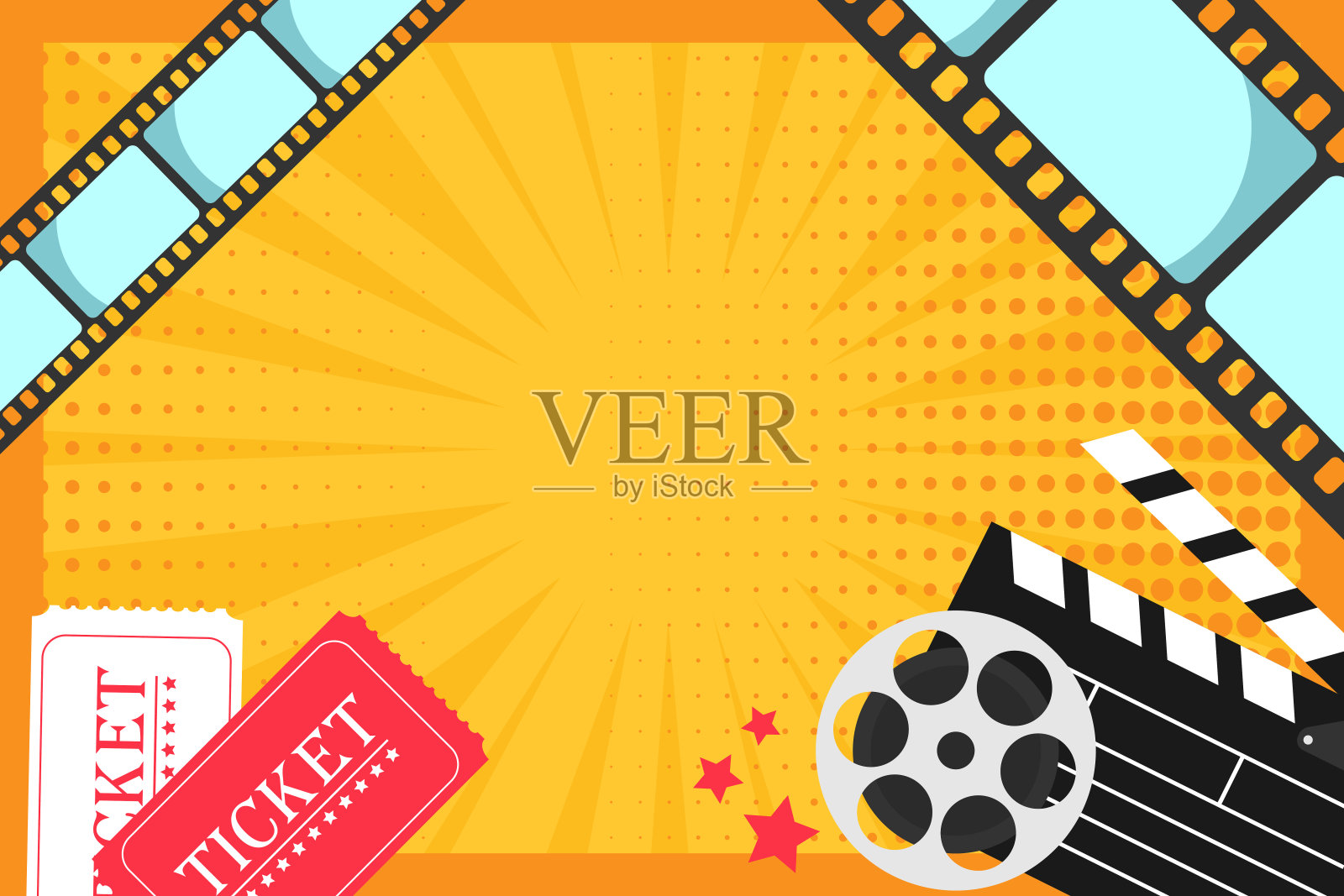 电影院的电影横幅带有波普艺术风格的元素。拍板，电影卷轴，票和电影条。电影首映模板插画图片素材
