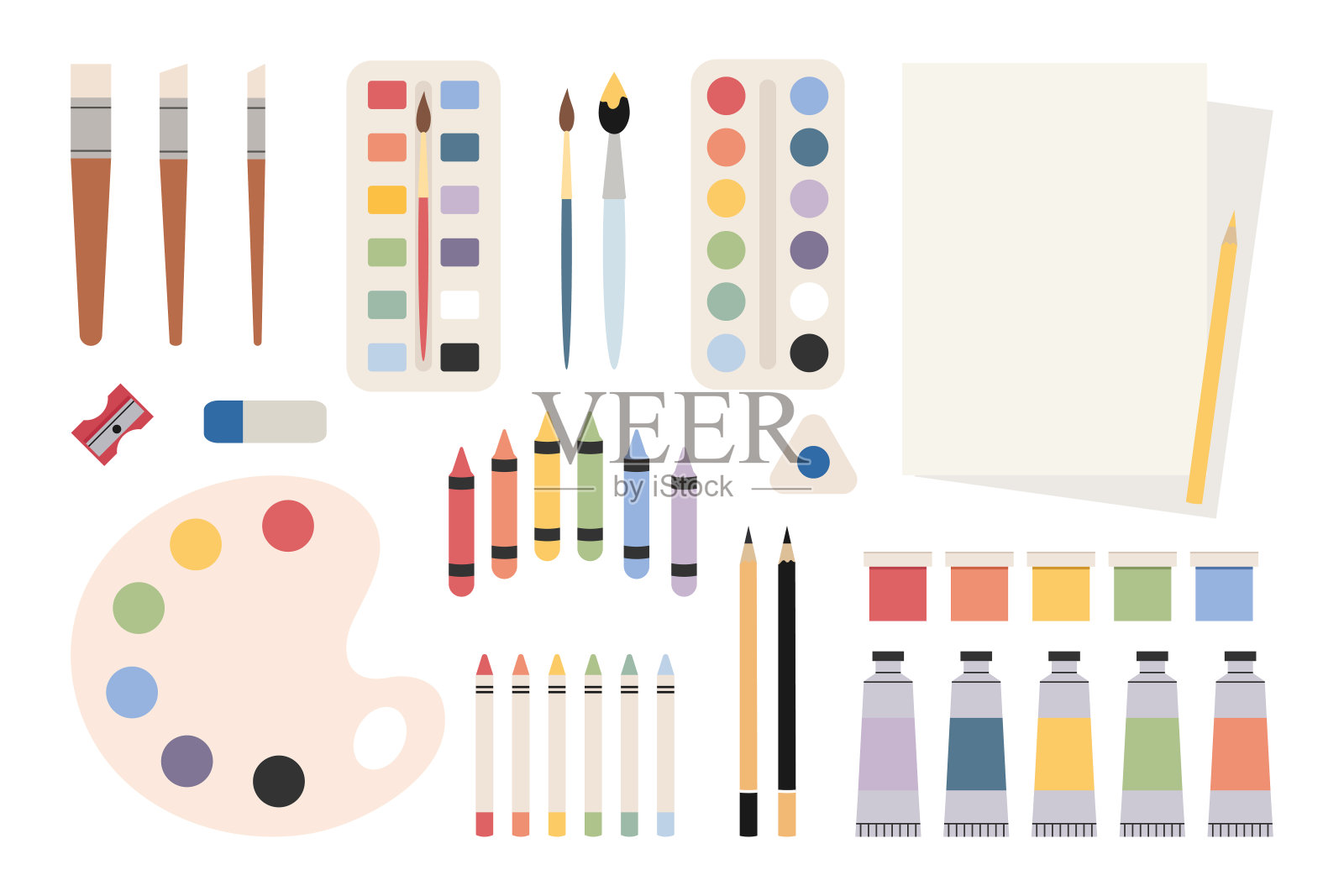 绘画工具，美术用品套。油漆，油漆管，刷子，水彩调色板，蜡笔，铅笔，橡皮擦，卷笔刀。矢量图插画图片素材