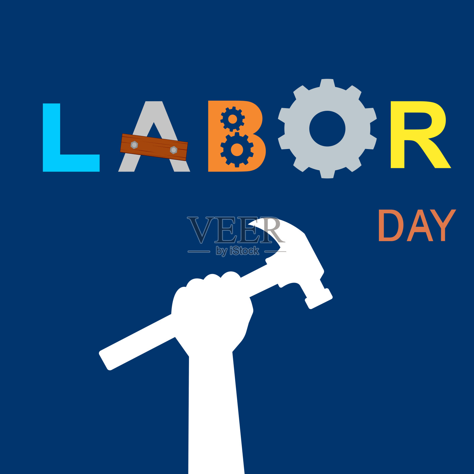 劳动节快乐矢量插图，轮廓工人手握施工锤工作工具在黑暗的背景。庆祝国际劳动节，手握工具用工人的手。插画图片素材