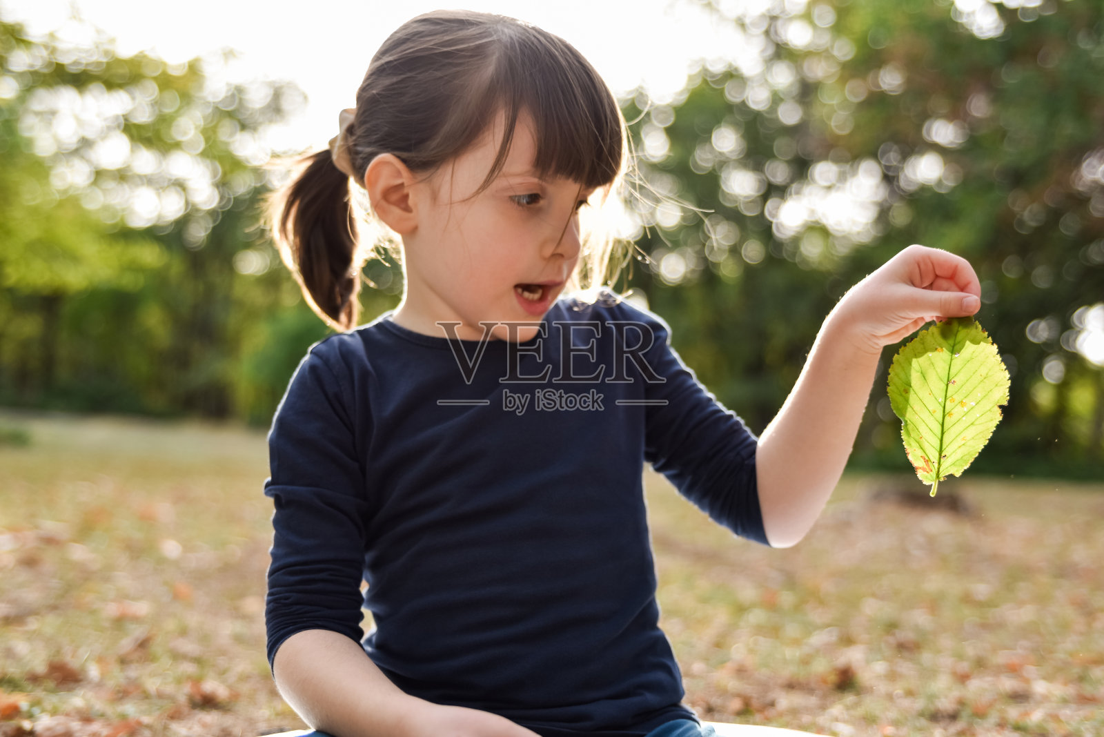 秋天的公园里，抱着绿叶的女孩照片摄影图片