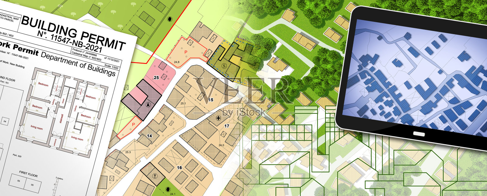 虚拟城市总体规划和建筑许可证，包括城市目的地，城市景观和带地籍地图的数字平板电脑照片摄影图片