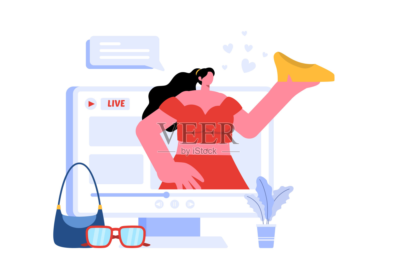 矢量插图的时尚博客与博主回顾时尚服装趋势的视频，在一个平坦的背景下设有一个在线跑道插画图片素材