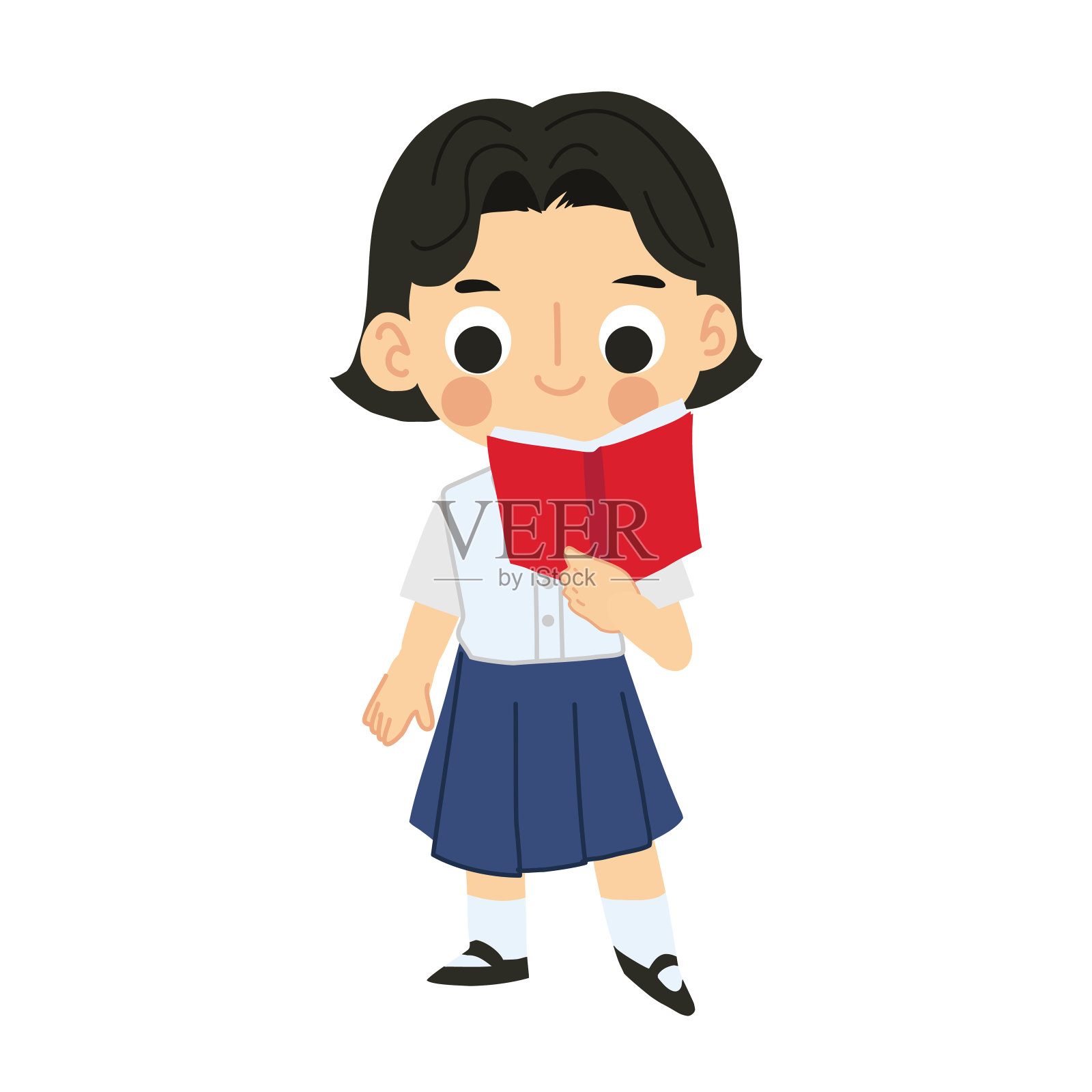 可爱的泰国小女孩穿校服阅读-卡哇伊人物插画图片素材